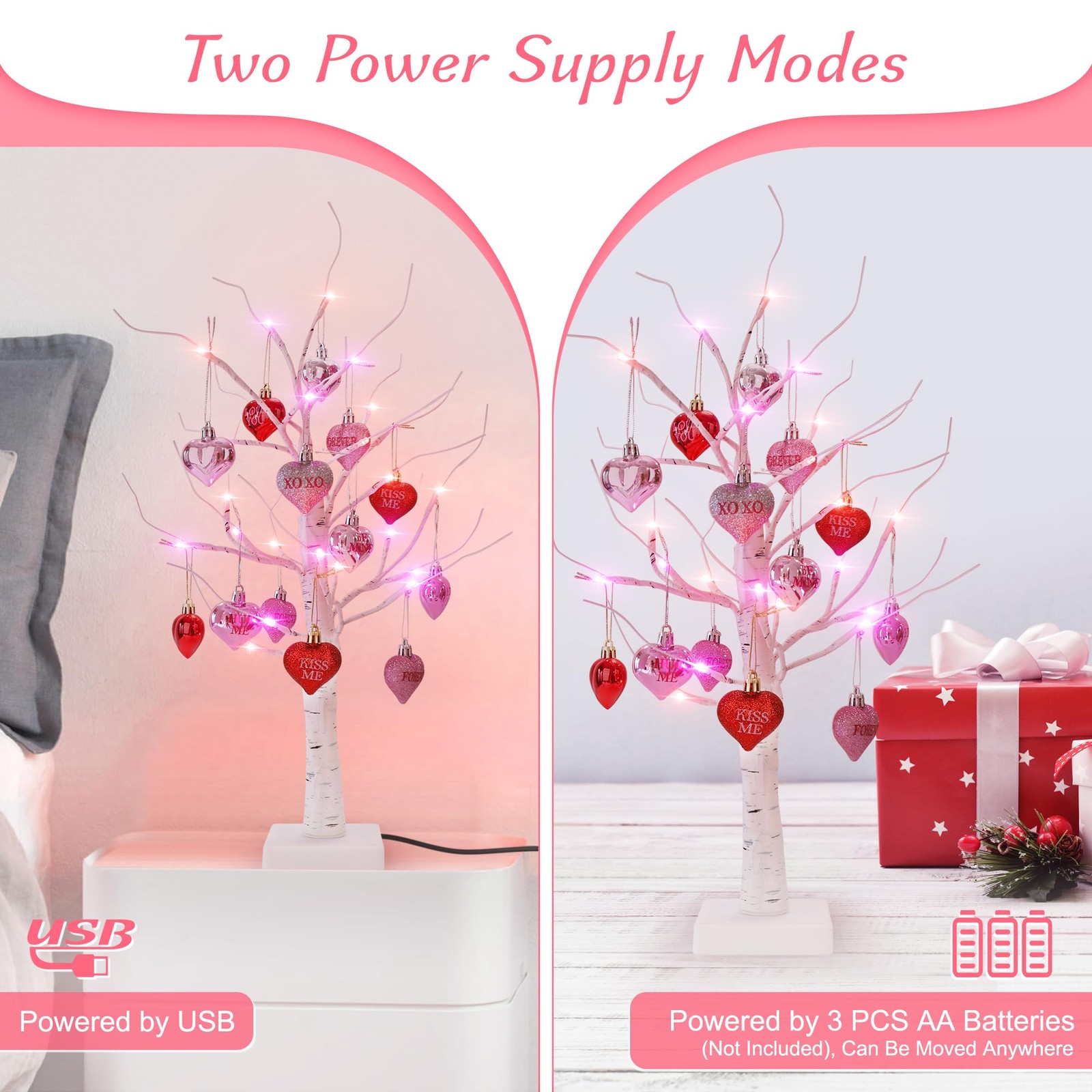 LED Birch Tree Decor with Hearts, 24″ Tabletop, Timer, USB & Battery Operated