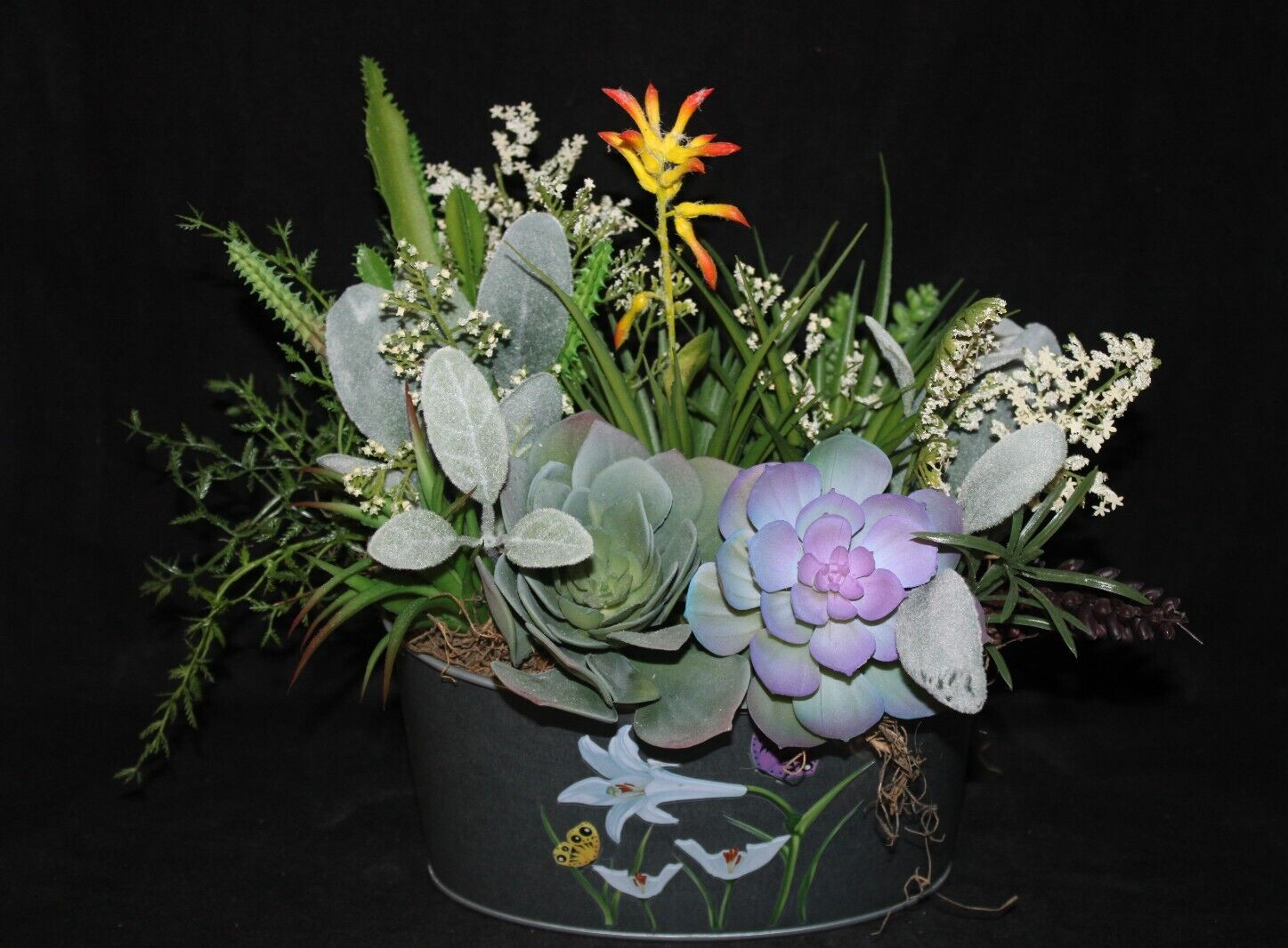 Mixed Artificial Succulent Arrangement in Garden Metal Planter