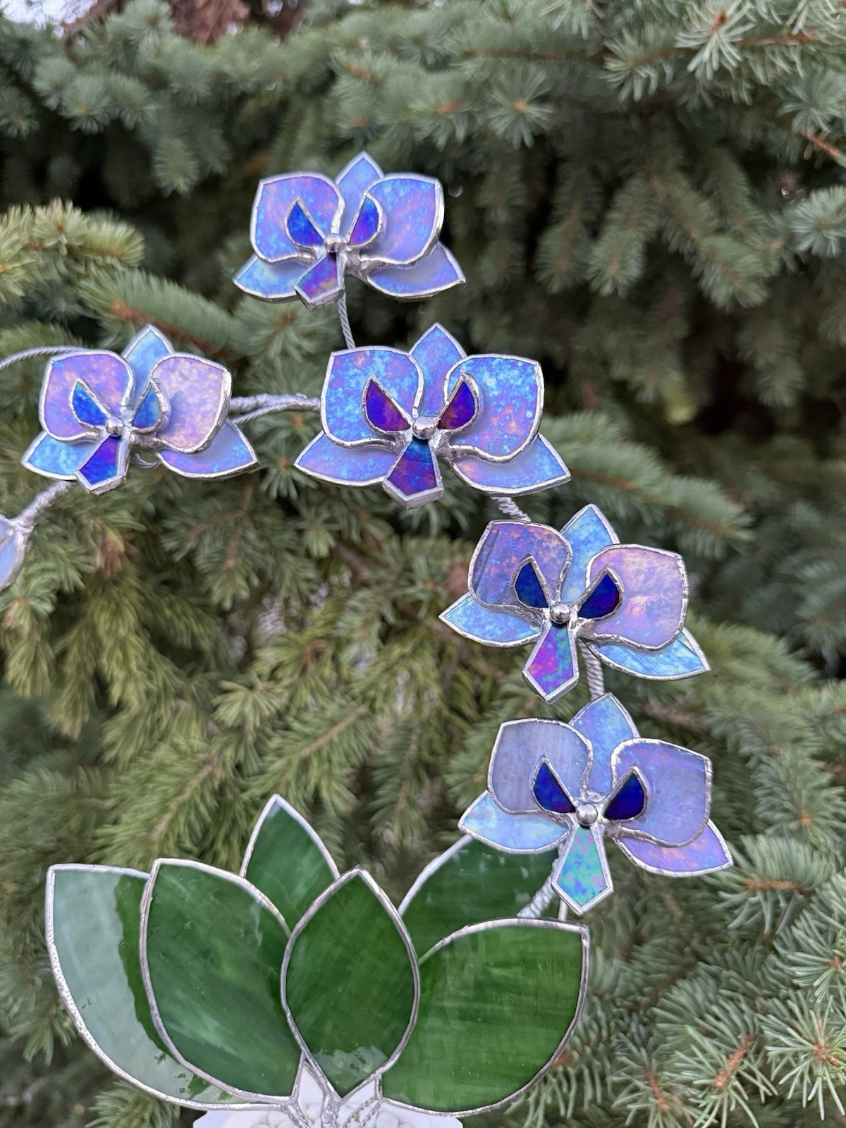 Stained Glass 3D Orchid Lavender irid, 5 Flowers In A Pot, Table Decor