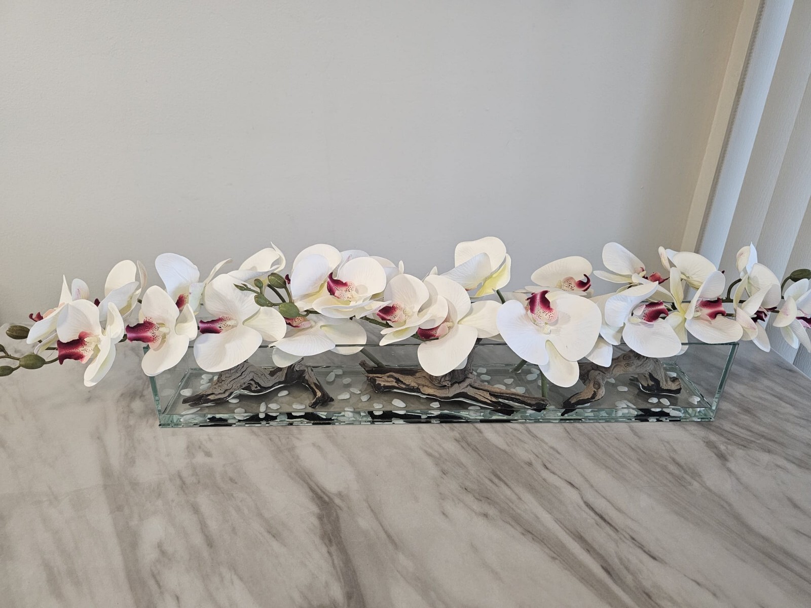 Floral Arrangement, Casa Moderna Glass Plate  W/ Faux White Orchids & Succulents
