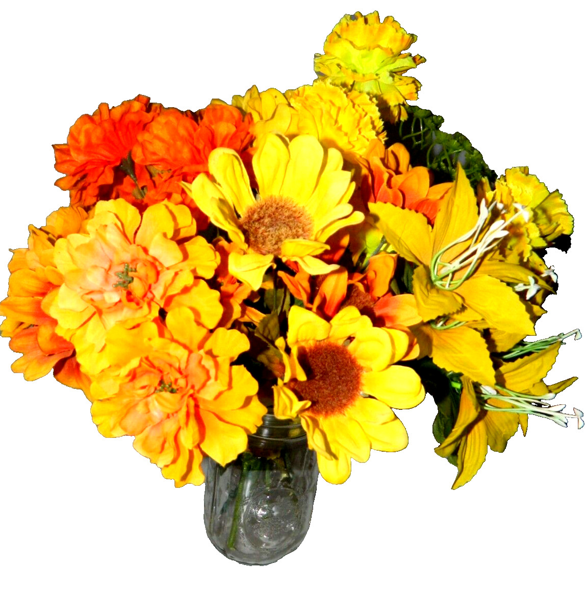 7 Piece Orange & Yellow Faux Flower Bouquet Bunch Mixed Assorted Vintage 13-14″