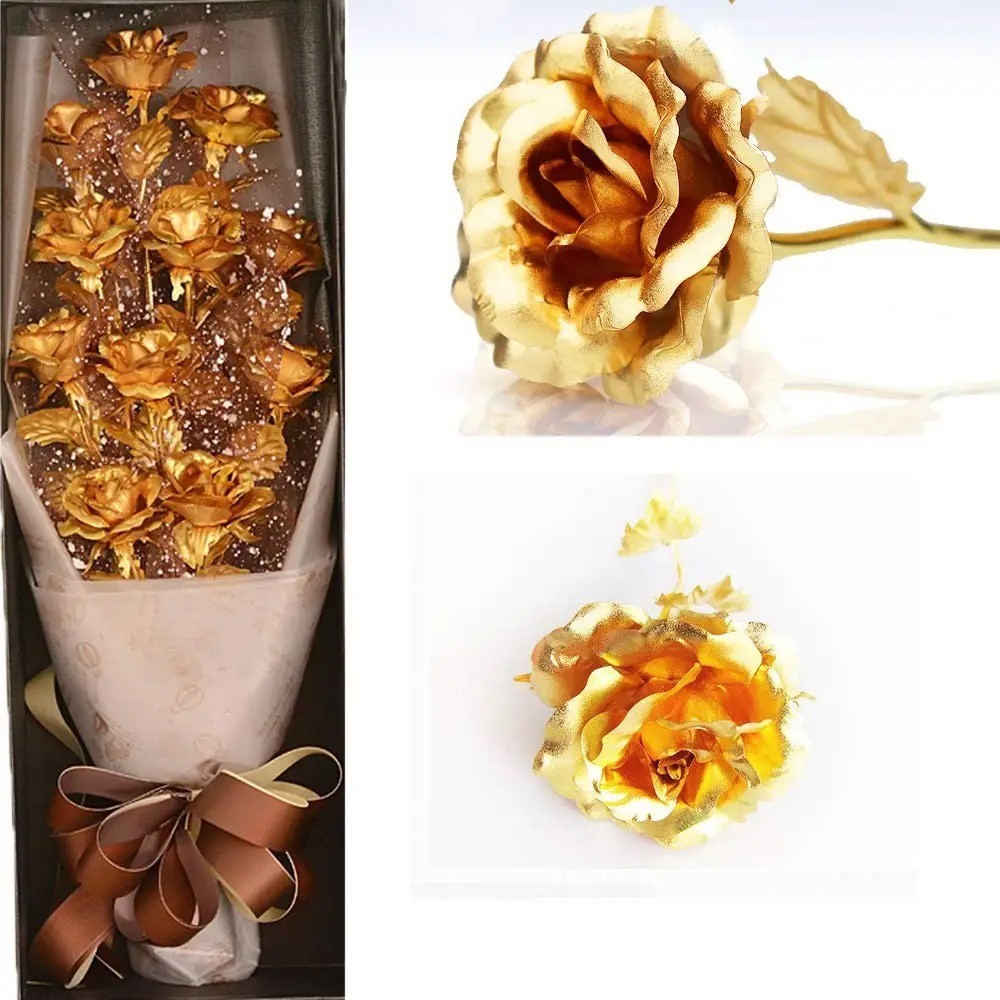 24k Gold Plated Foil Rose Flower Long Stem Dipped New Year Xmas Gift For Her