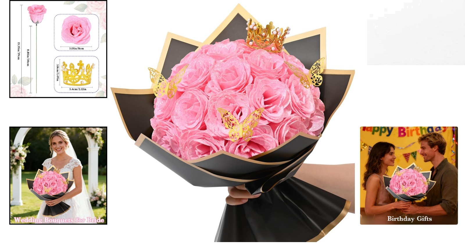 Handcrafted 24 Pcs Pink Glitter Roses Bouquet – Perfect for Love & Memories