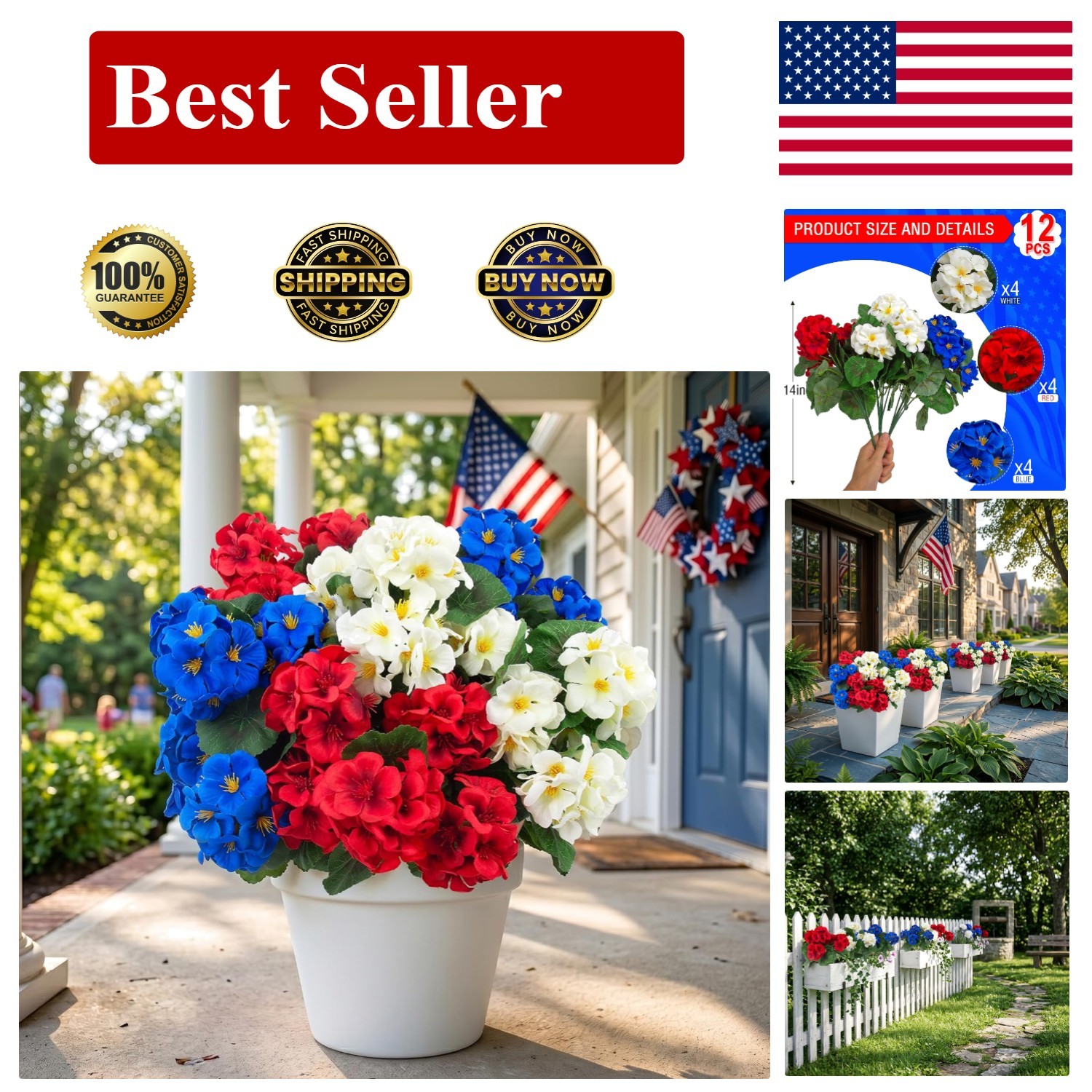 12 Pcs UV Resistant Artificial Geranium Flowers – Red, White, Blue Decor
