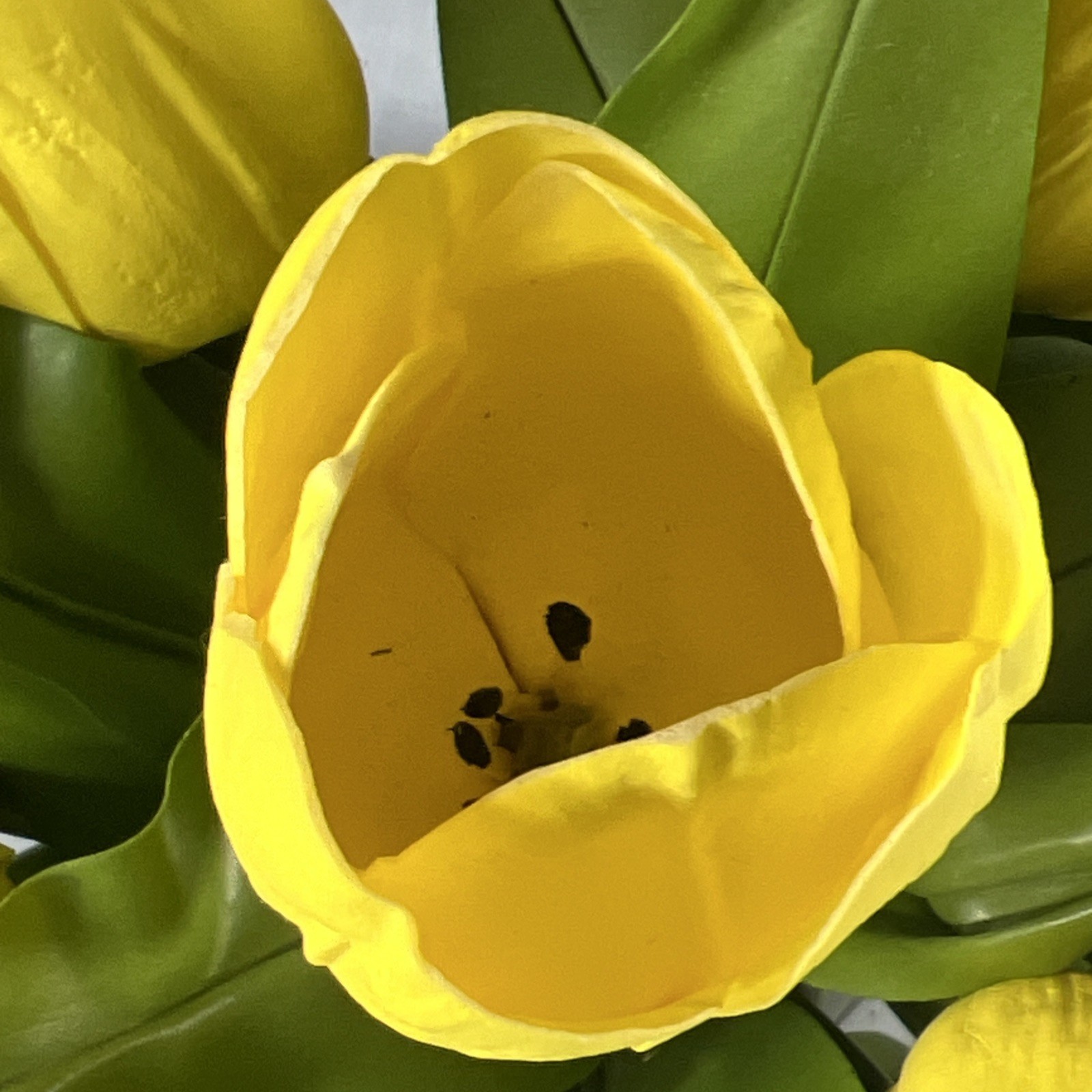 9 Yellow Silk Tulips Centerpiece Feel Real Flowers in Glass Vase w/ Faux Water