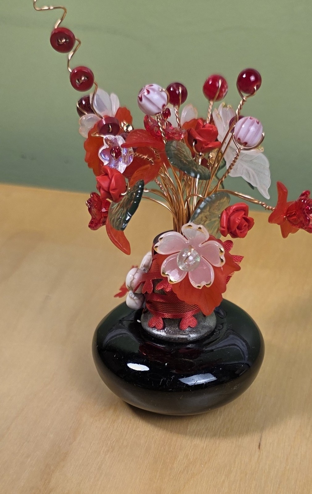 Forever Beaded Flower Bouquet – Glass & Acrylic in Doorknob Vase – OOAK – Red