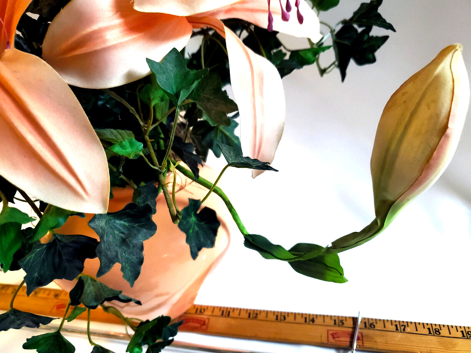 Peach Lillies & Ivy Silk Floral Centerpiece in Matching ceramic Vase