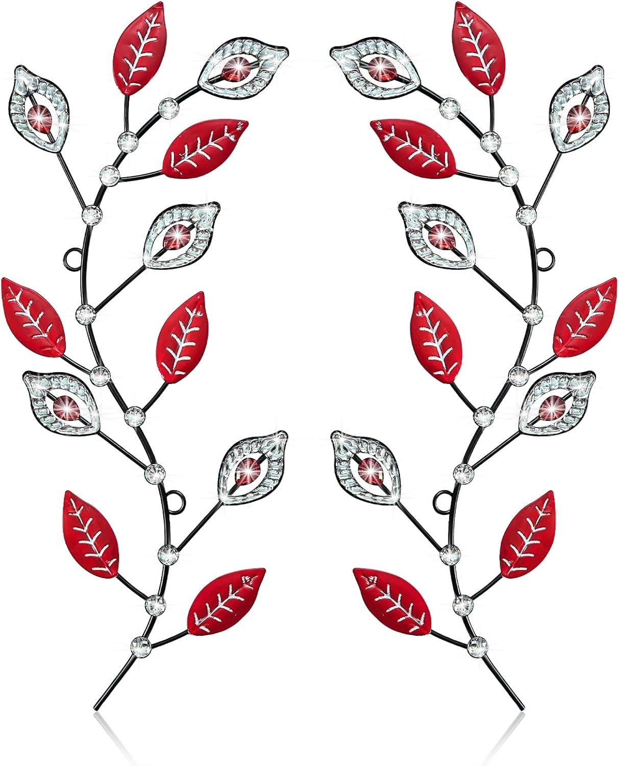 2Pc Metal Tree Leaf Wall Art 3D Rhinestone Iron Branch Hanging Decor Red