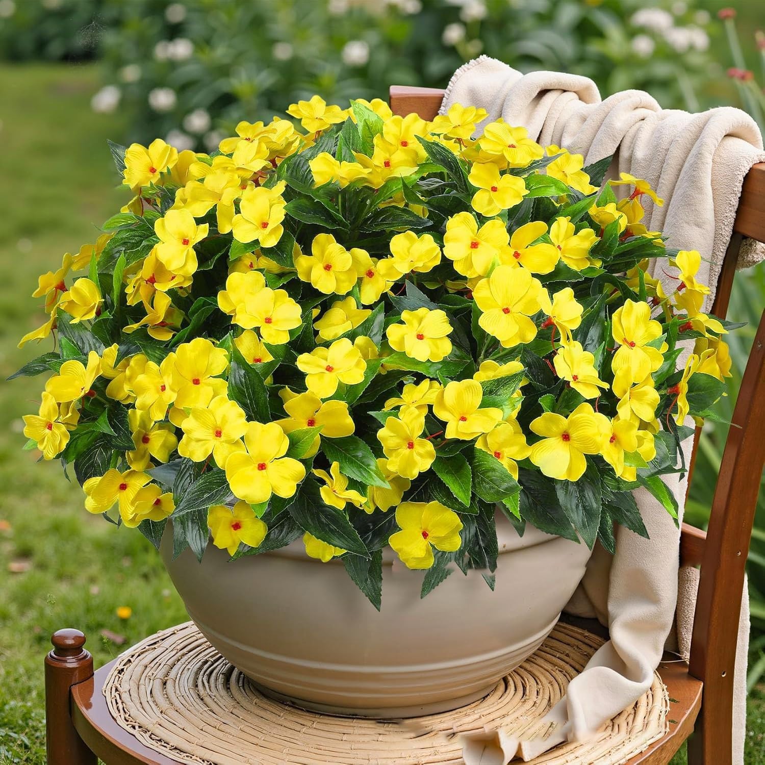 4 Pcs Artificial Impatiens Fake Flowers Bouquet for Outdoor Decor UV Resistan…