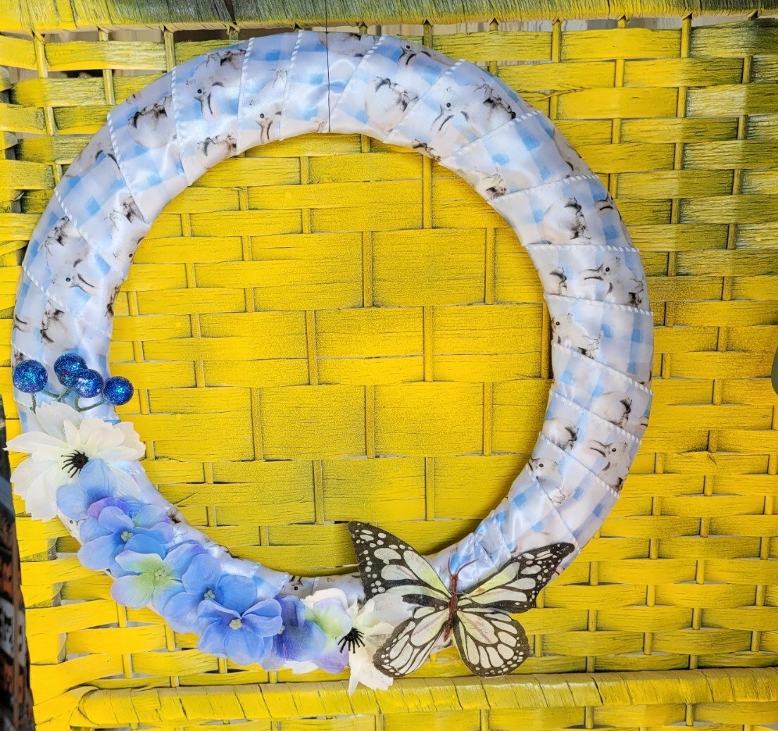 Bright Blue Bunny Spring Wreath with butterfly and pansies, middle size wreath,