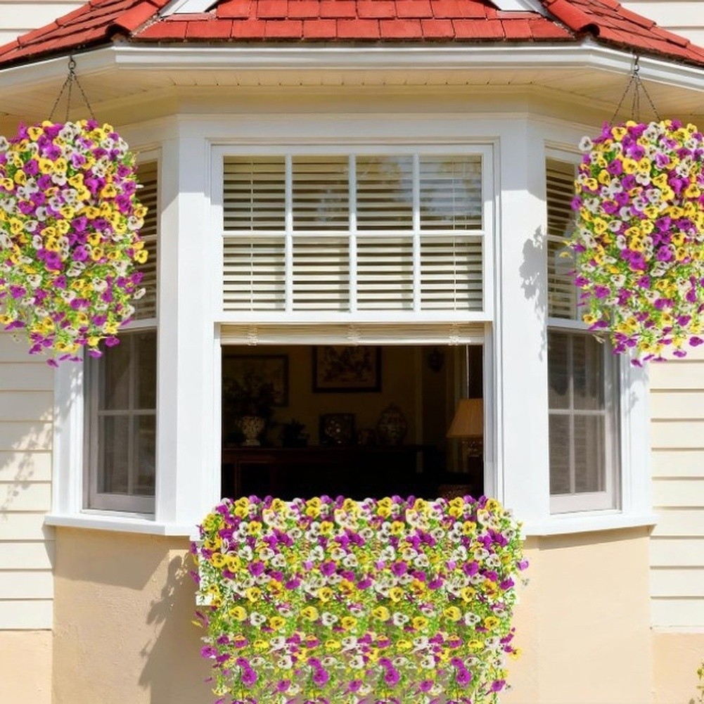 Fabric Artificial Pansy Vine Hanging Basket 45 Eyes Violet 25.59in Wall Hanging