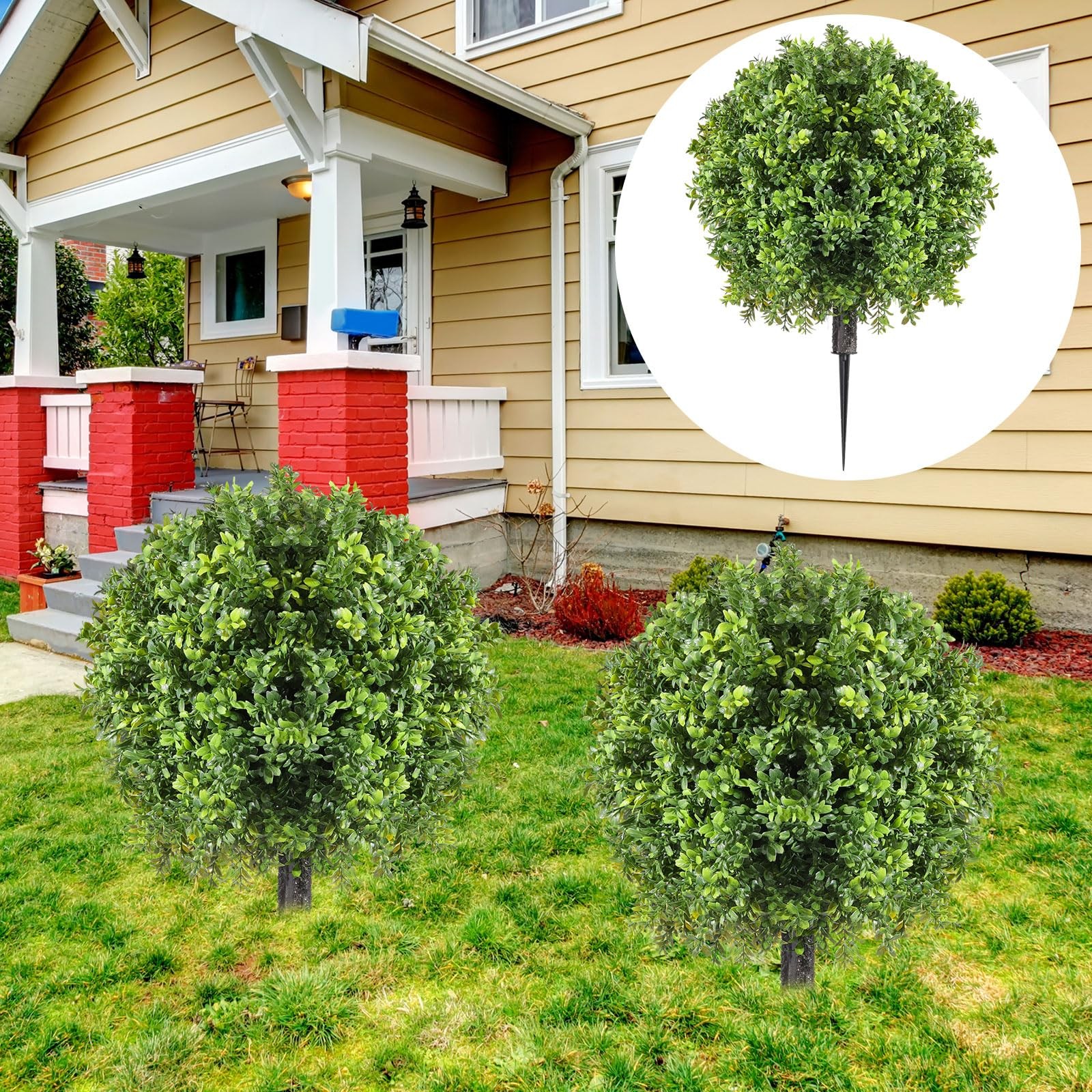 2 Pcs Artificial Boxwood Topiary Ball Bush 26″ Tree UV Resistant with Spike E…
