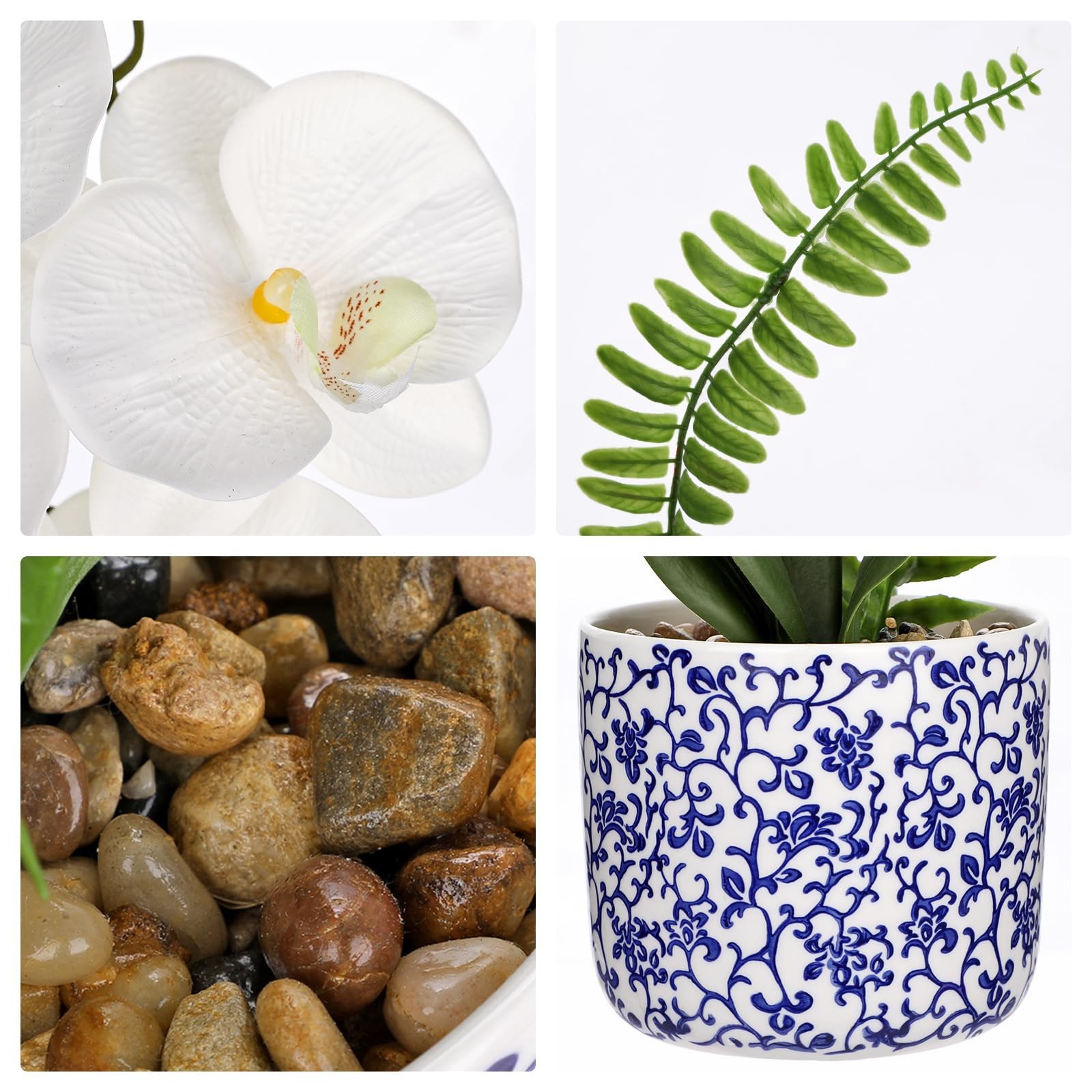 White Orchid Artificial Flowers Blue White Pot 16.9 Inch Silk Fake Plant Faux