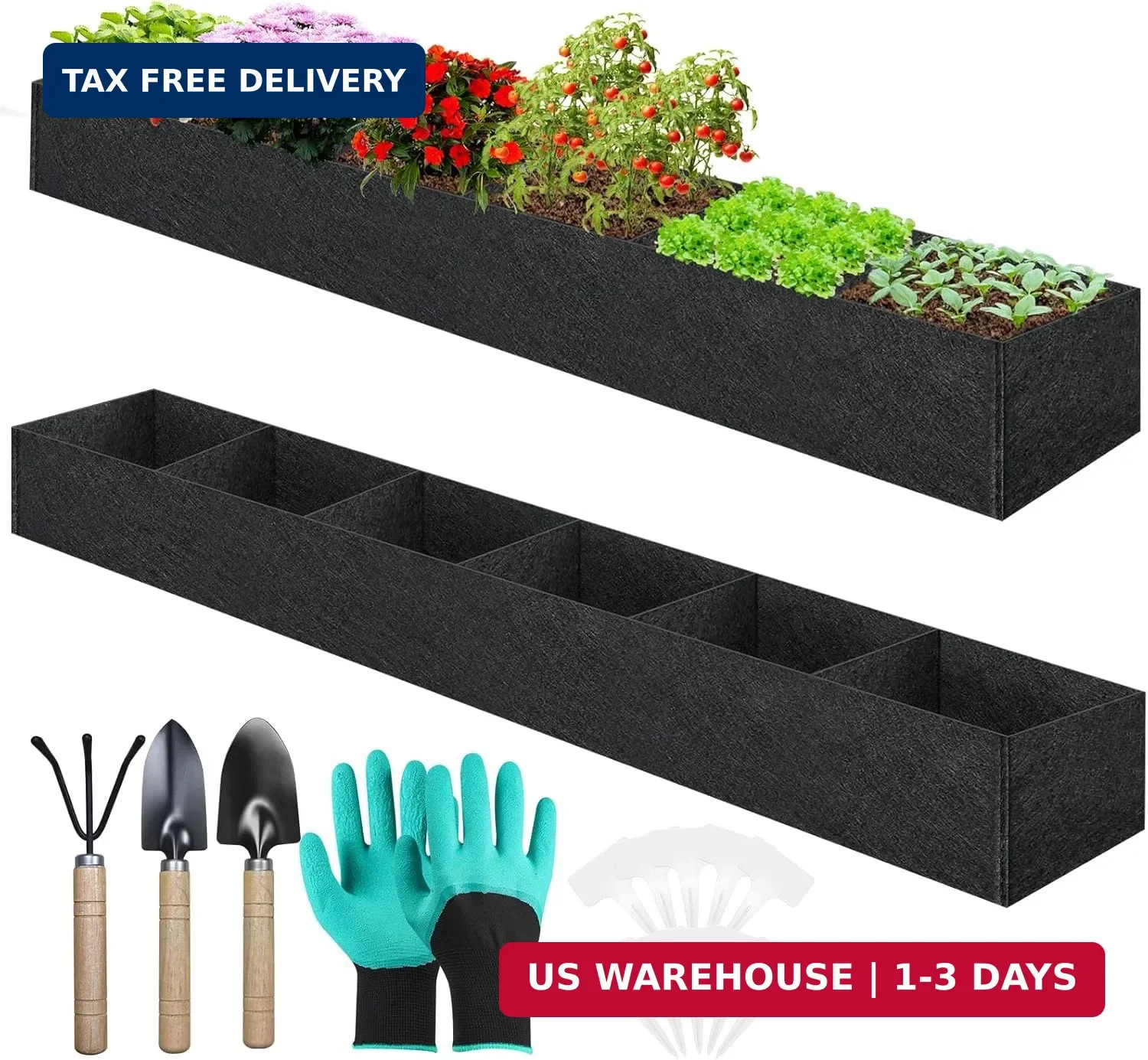 2PCS 12x2x1ft Fabric Raised Garden Bed Outdoor Patio 6 Grids Raised Planter Box