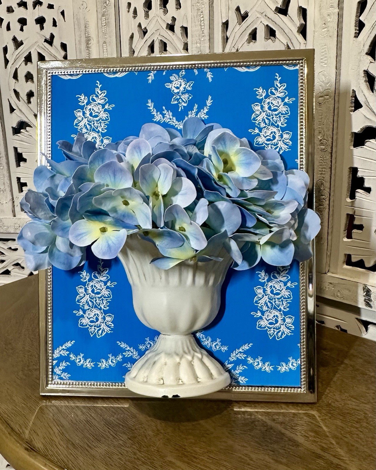 3D Artistry Handmade Blue Hydrangeas in Distressed Metal Urn Framed Florals