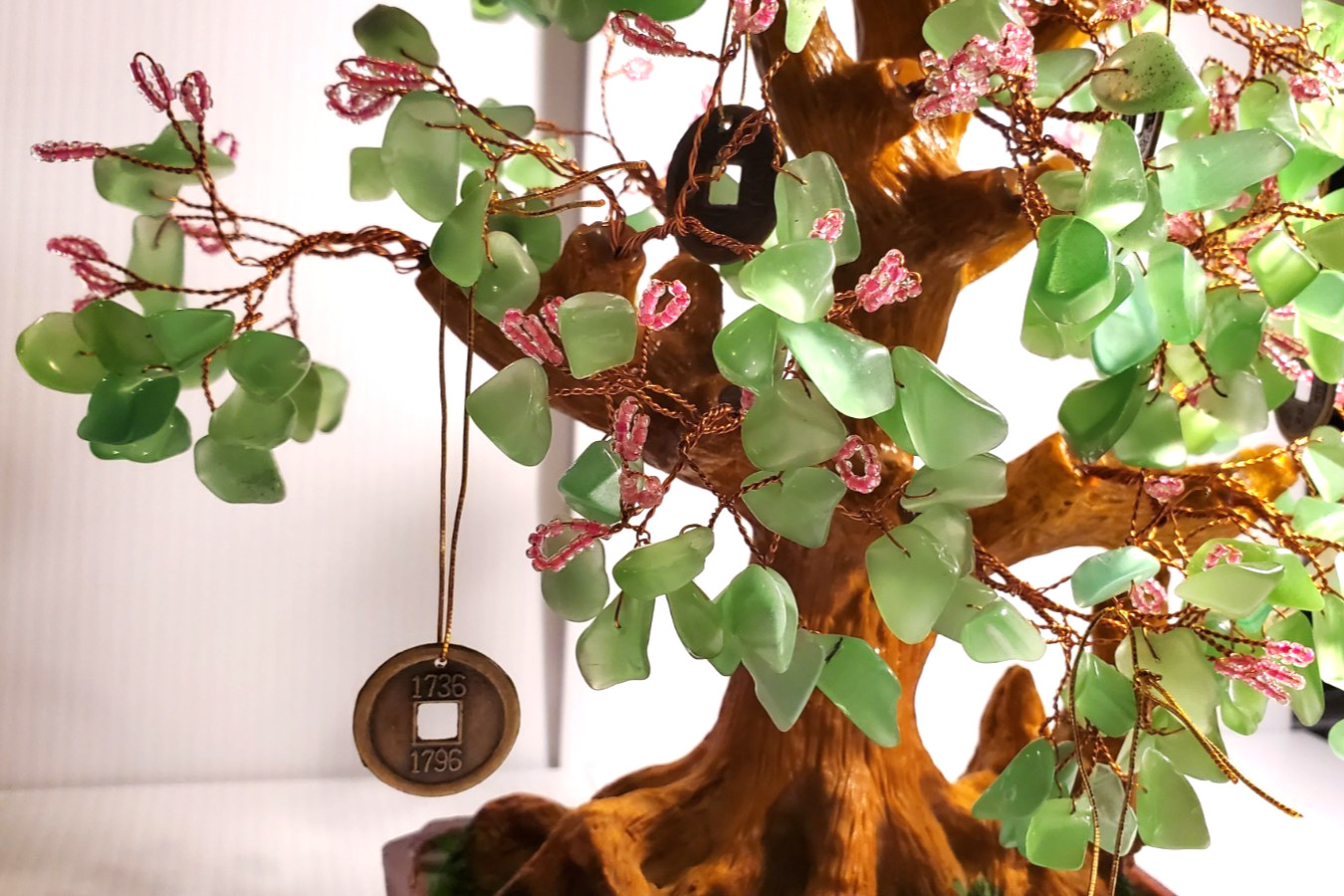 Vintage Bonsai Pink Flowers Green Glass Leaves Good Luck Money Coin Tree