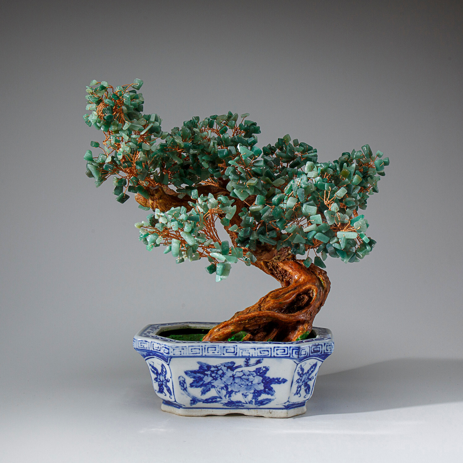 Genuine Green Aventurine Gemstone Bonsai Tree in Square Ceramic Pot (10.5” Tall)