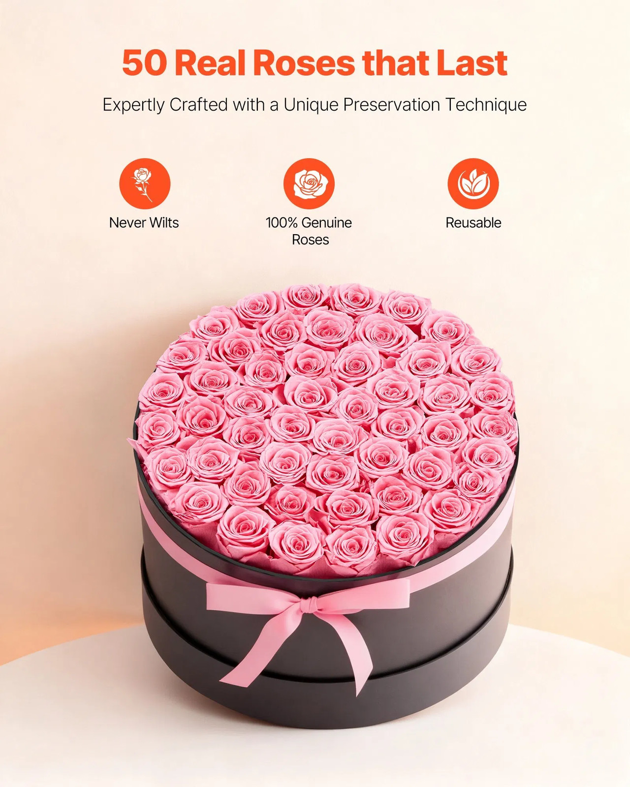 Forever Flowers, 50 Preserved Roses in a Box, Eternal Flowers Immortal Bouquet B