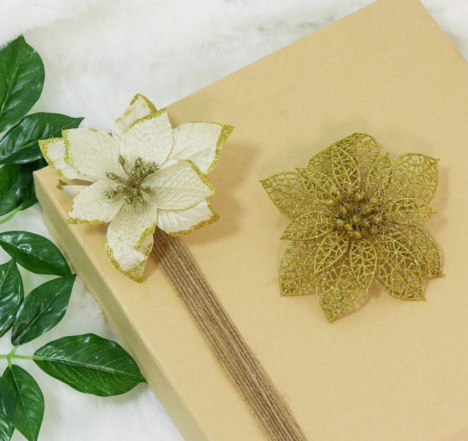 24 PCS Gold Poinsettias 6 Inch Glitter Artificial Christmas Flowers 30 Clips