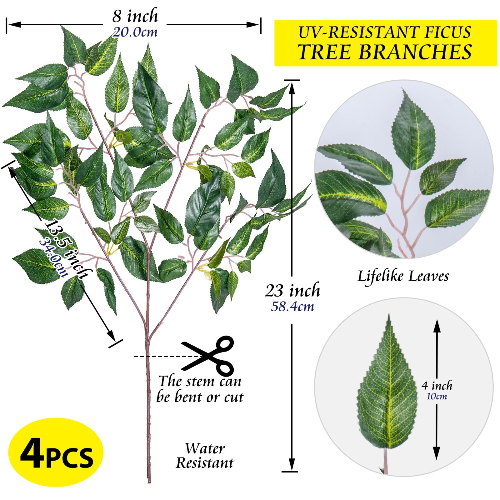 Ficus Tree Branches 23” Long Artificial Greenery Silk Plants Bulk, 4 PCS Set