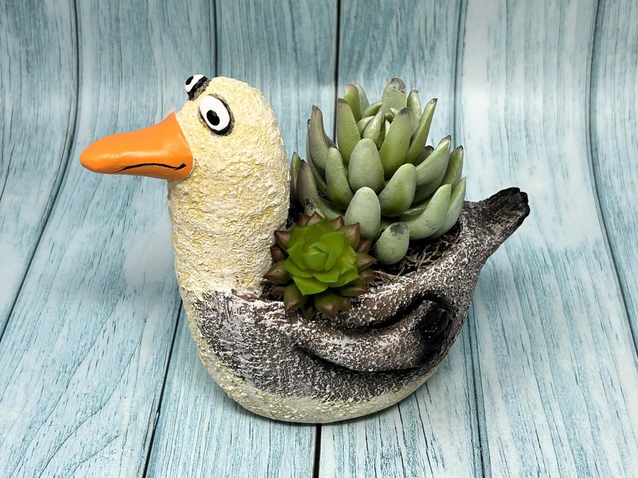 6.5″ Potted Lg SEAGULL Blob House pot with Artificial Senecio & Echeveria Cabbag