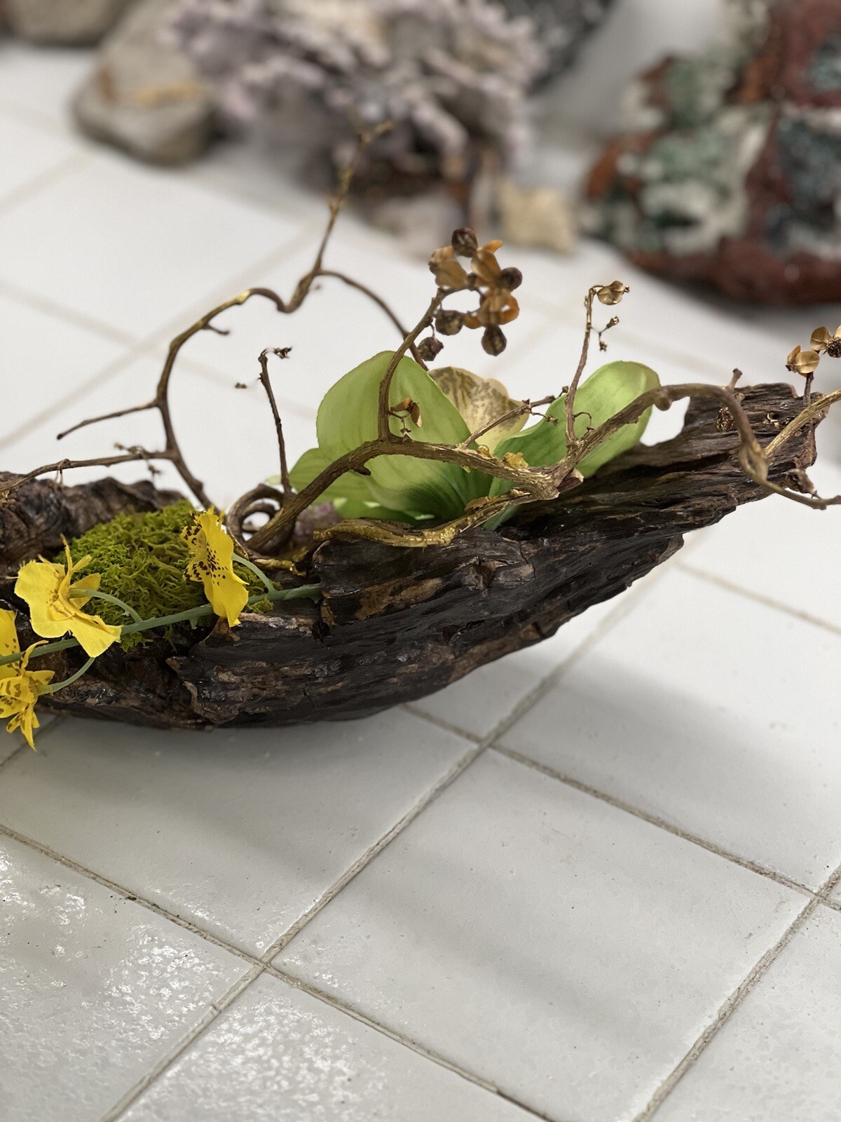 ONE OF A KIND FLORAL ARRANGEMENT REAL WOOD BASE ORCHIDS BITTERSWEET MOSSES
