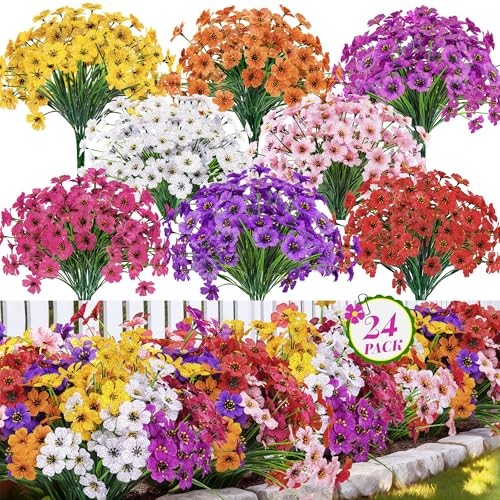 24 Bundles Artificial Flowers for Outdoor UV Resistant Faux Multi Color-a