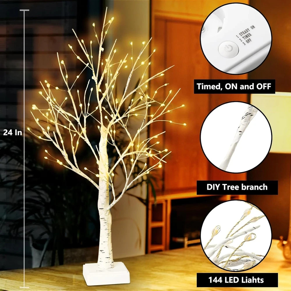 144 LED Birch Tree Lights – Tabletop Fairy Light with Timer, USB/Battery Powered