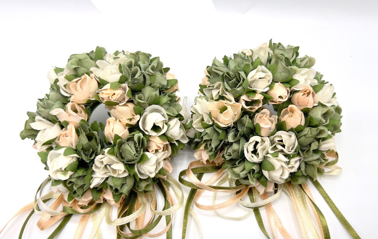 Pink & White Silk Rose/Peony w/Greenery & Streaming Ribbon Centerpiece Ring Pair
