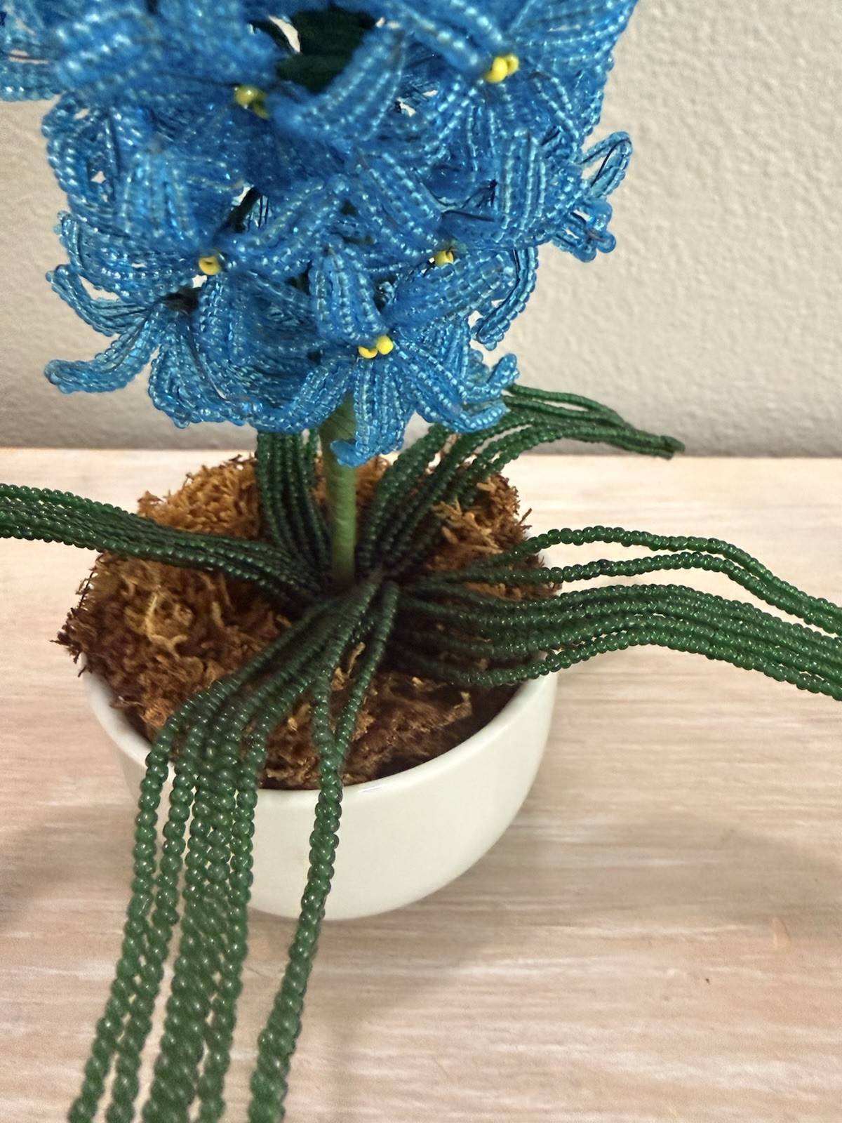 OMC Japan French Beaded Blue Hyacinth Arrangement in White Ceramic Pot 8 in