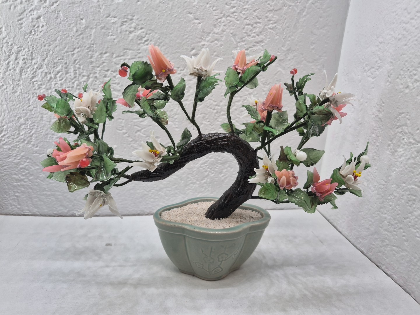 Vintage Chinese Glass Stone Jade Cherry Blossom Bonsai Tree Pink & White Flowers