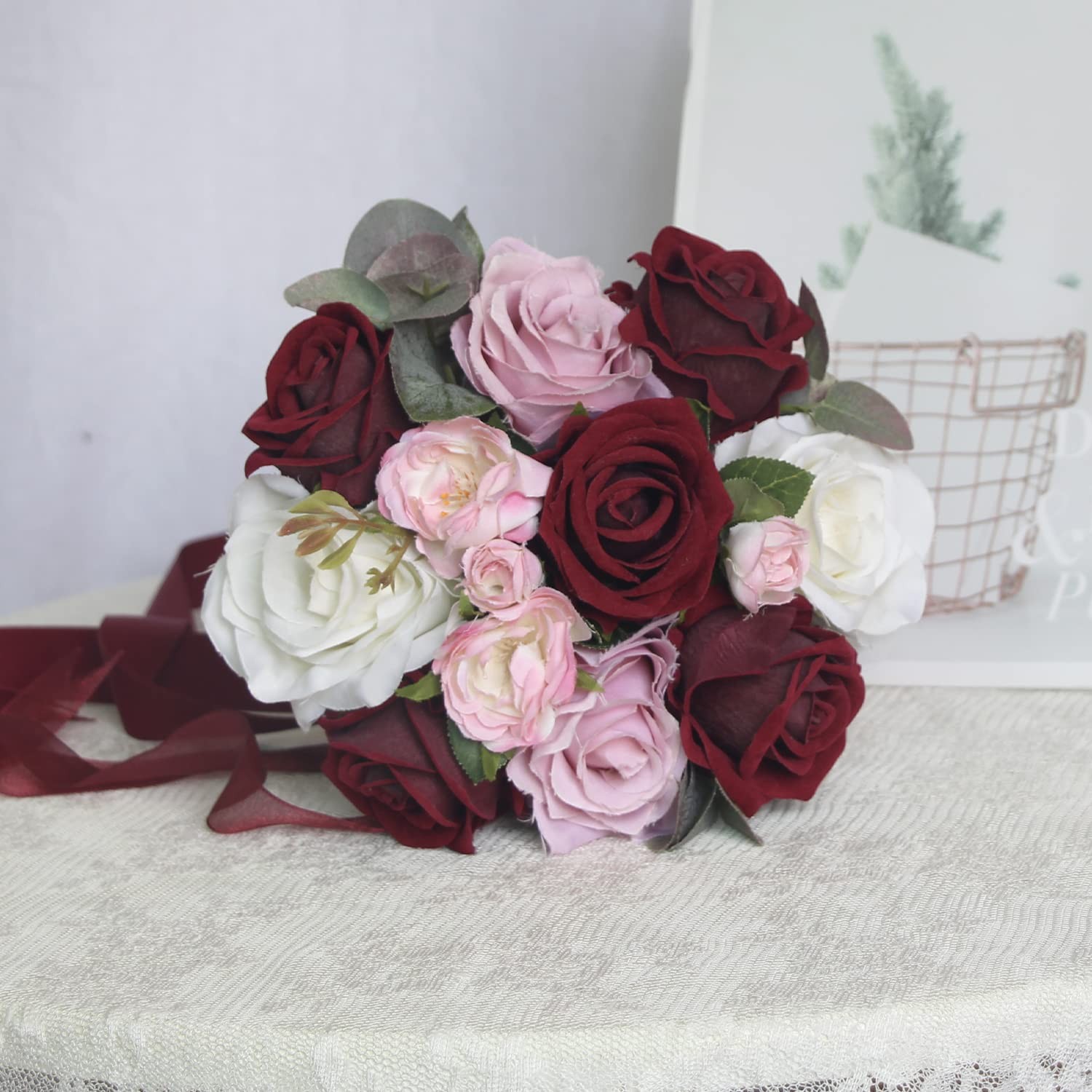 7in Burgundy Silk Bridesmaid Bridal Bouquet Wedding Artificial Flowers
