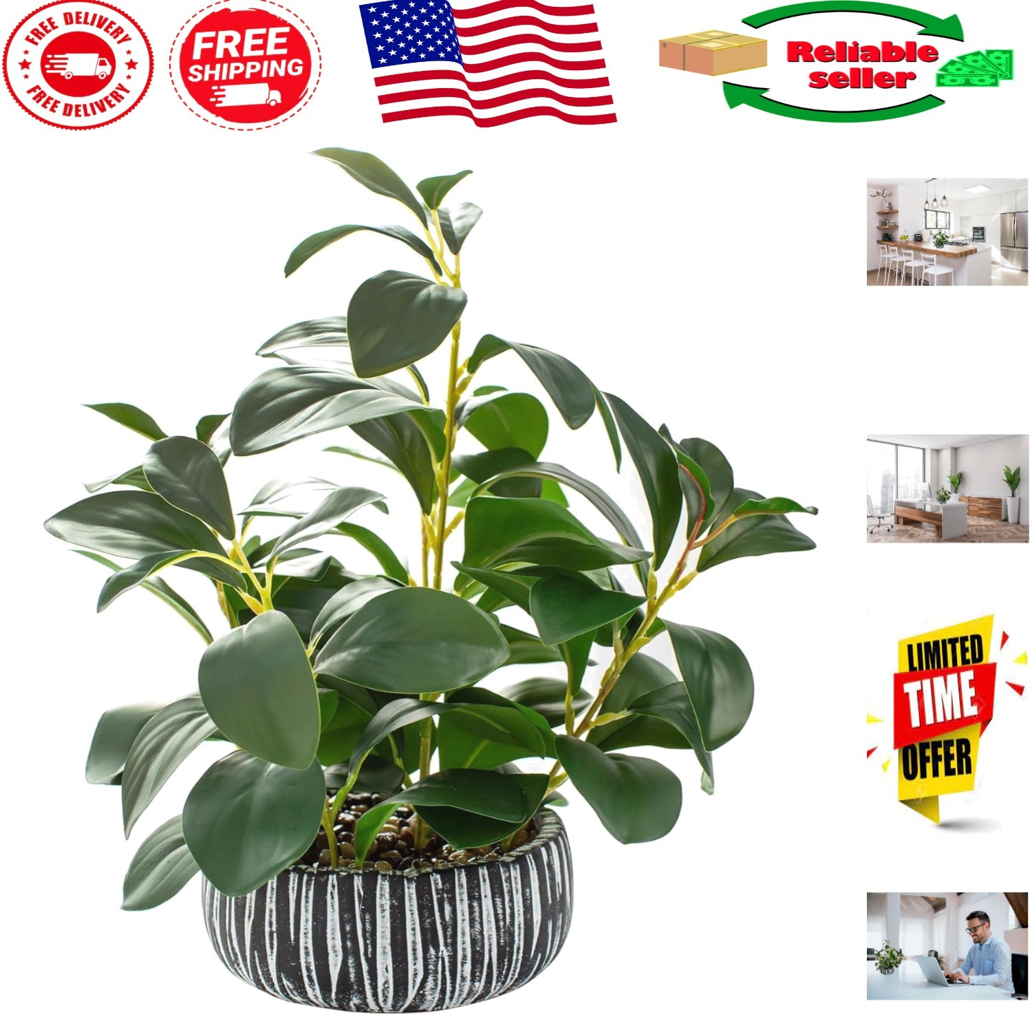 Lifelike Artificial Succulents in Rustic Black Clay Planter – 12.8″ Home Decor