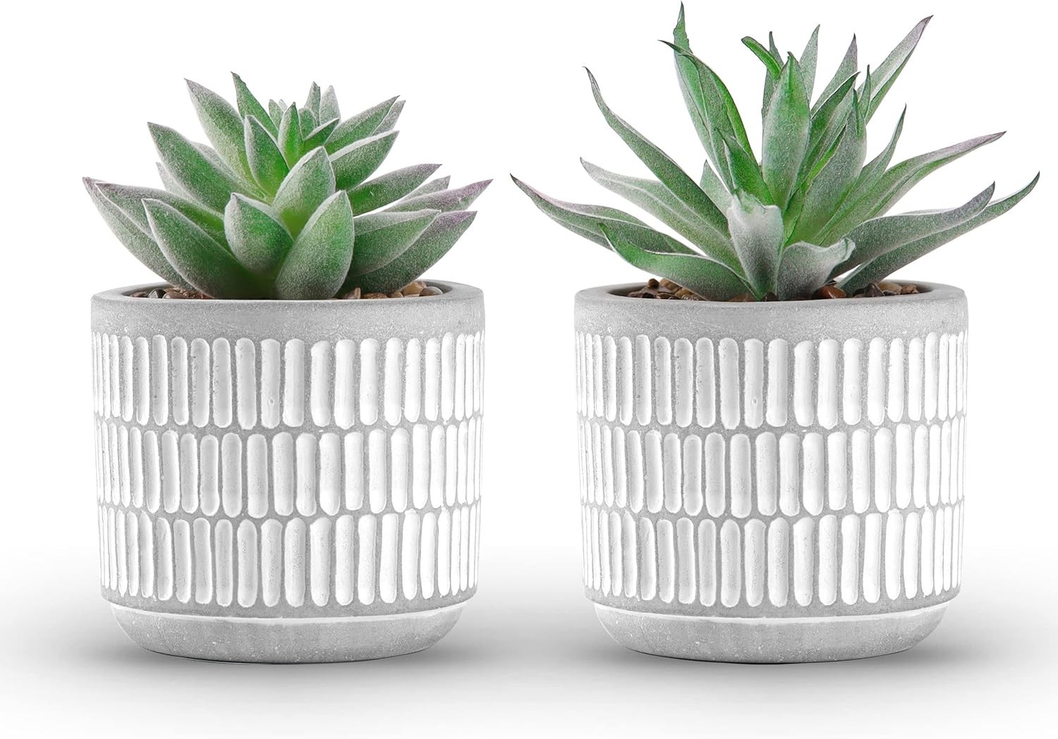 2 Pack of Stylish Striped Planters with Realistic Faux Succulents – Eco-Friendly