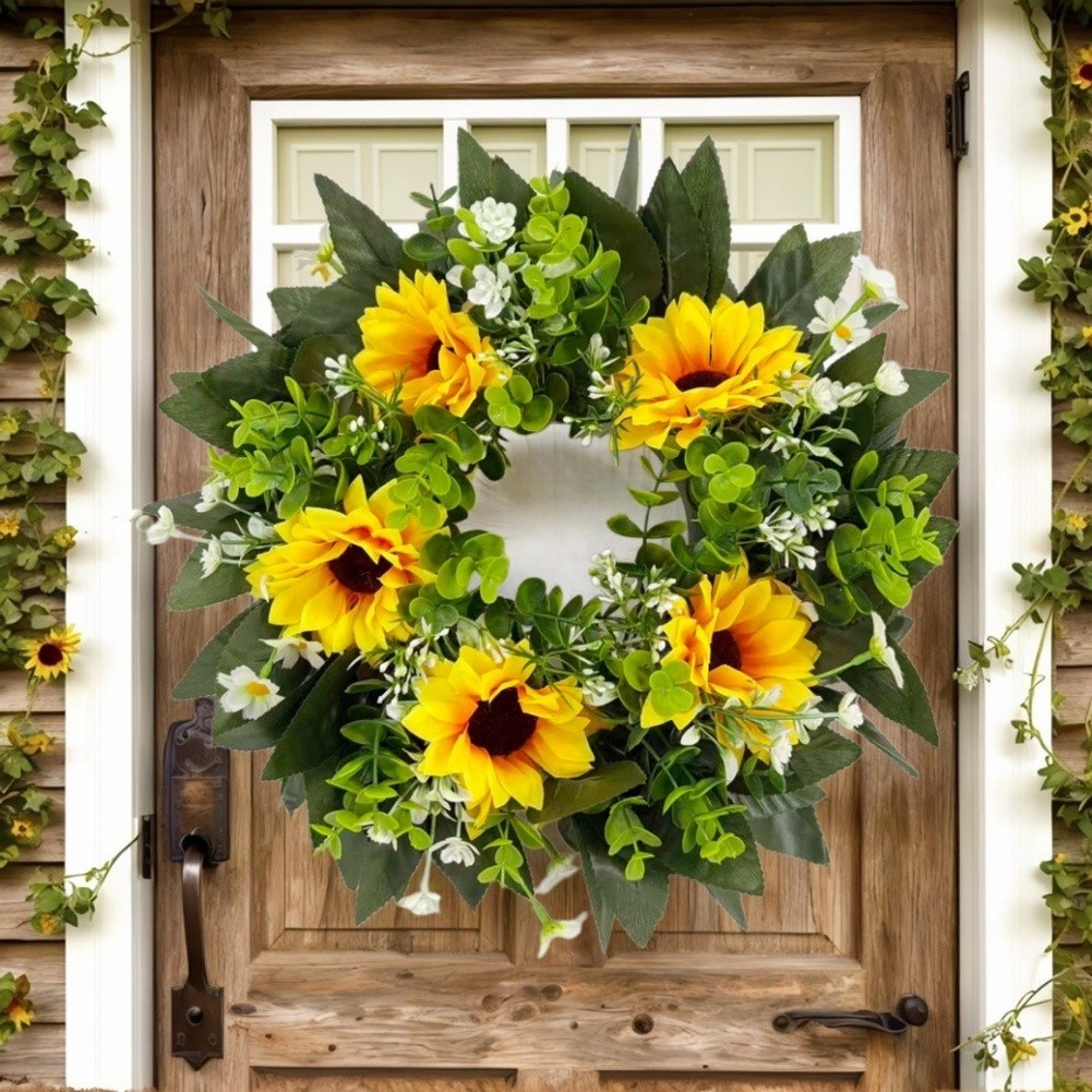 35cm Handmade Wreath Sunflower Eucalyptus for Front Door Wall Farmhouse