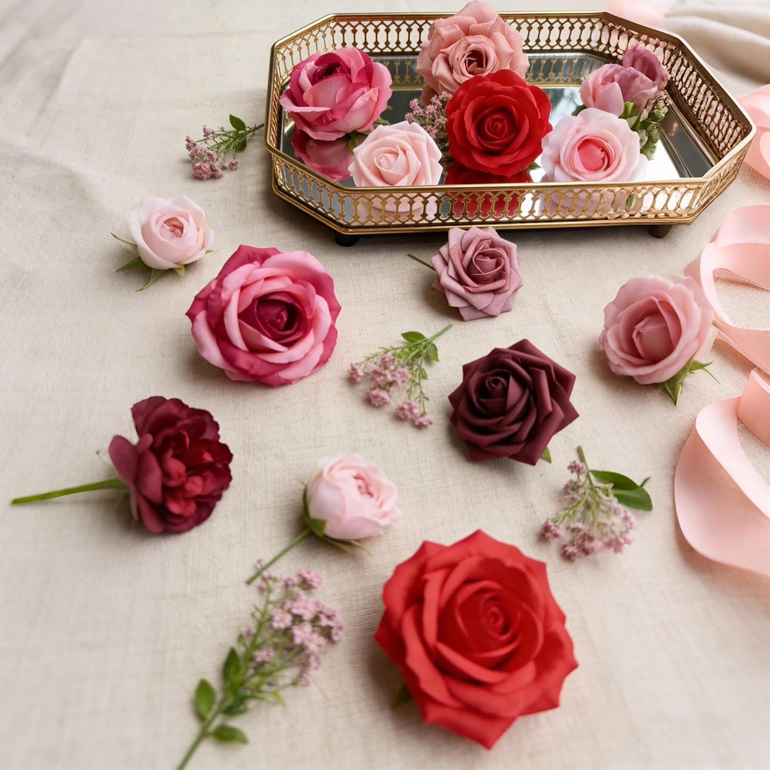 Red Artificial Silk Flowers Combo with Pompom, Roses & Red Stems for DIY Wedding
