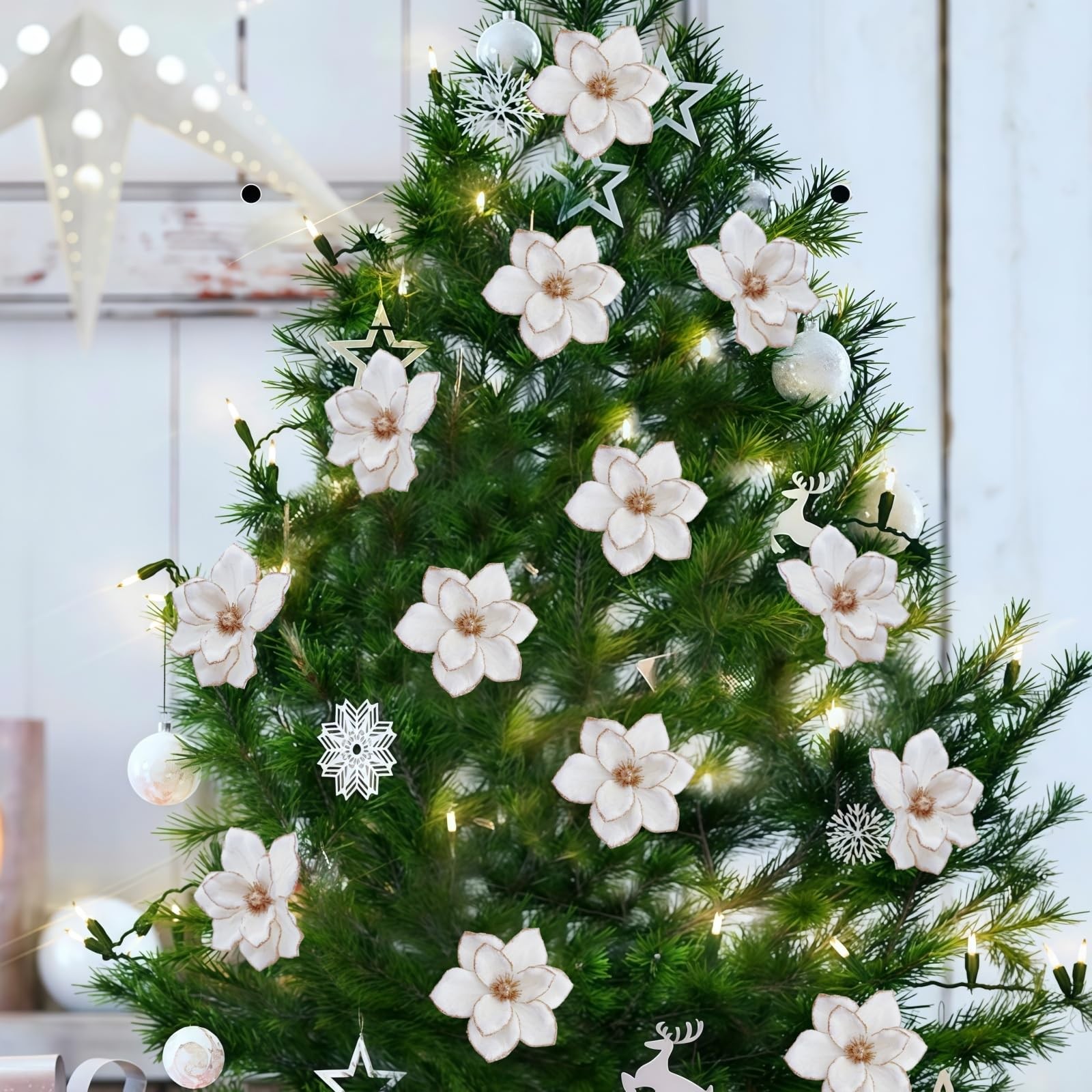 12 PCS 6.3 Inch White Christmas Velvet Poinsettia Magnolia Flower Ornaments