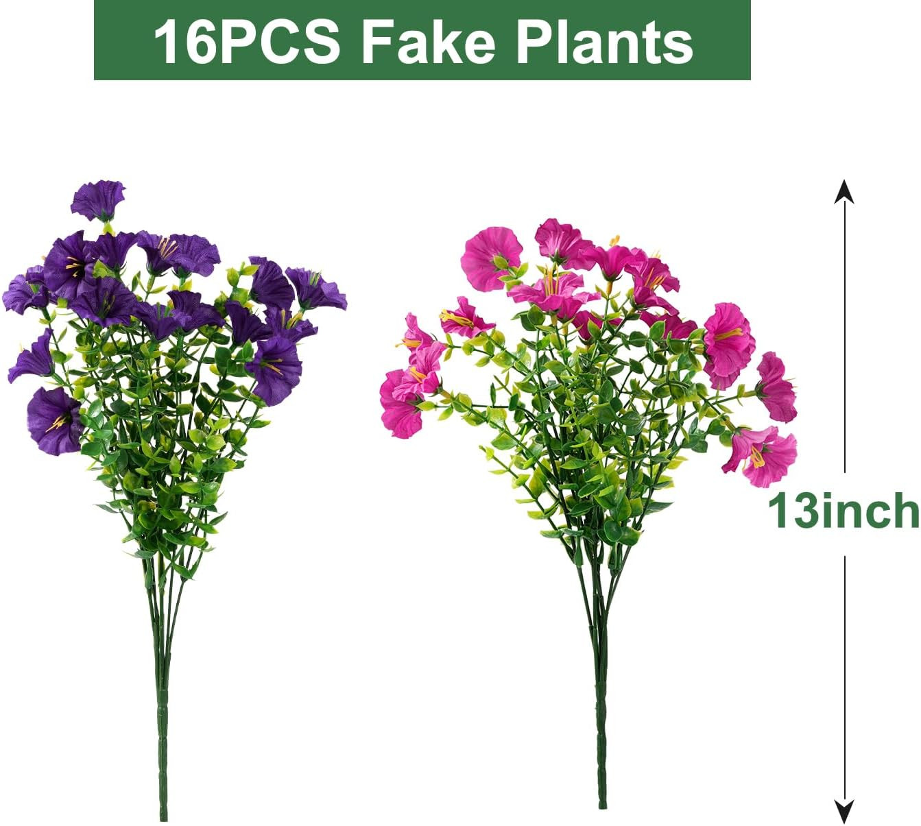 16-Pack UV Resistant Artificial Flowers Purple Fuchsia Fake Silk Plants