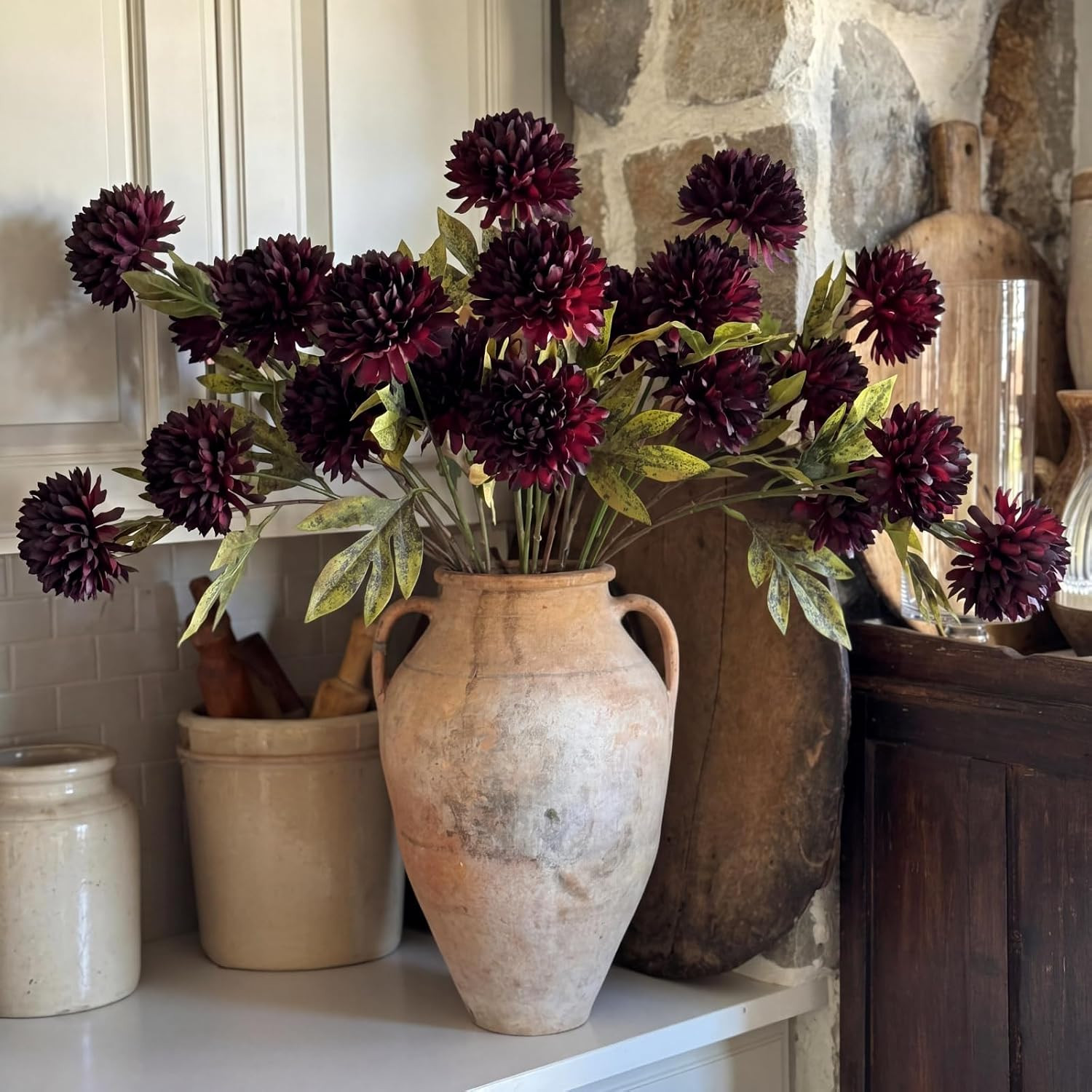 8 Pcs Faux Silk Pom Pom Chrysanthemum Flowers for DIY Wedding Decor (Red/Black)