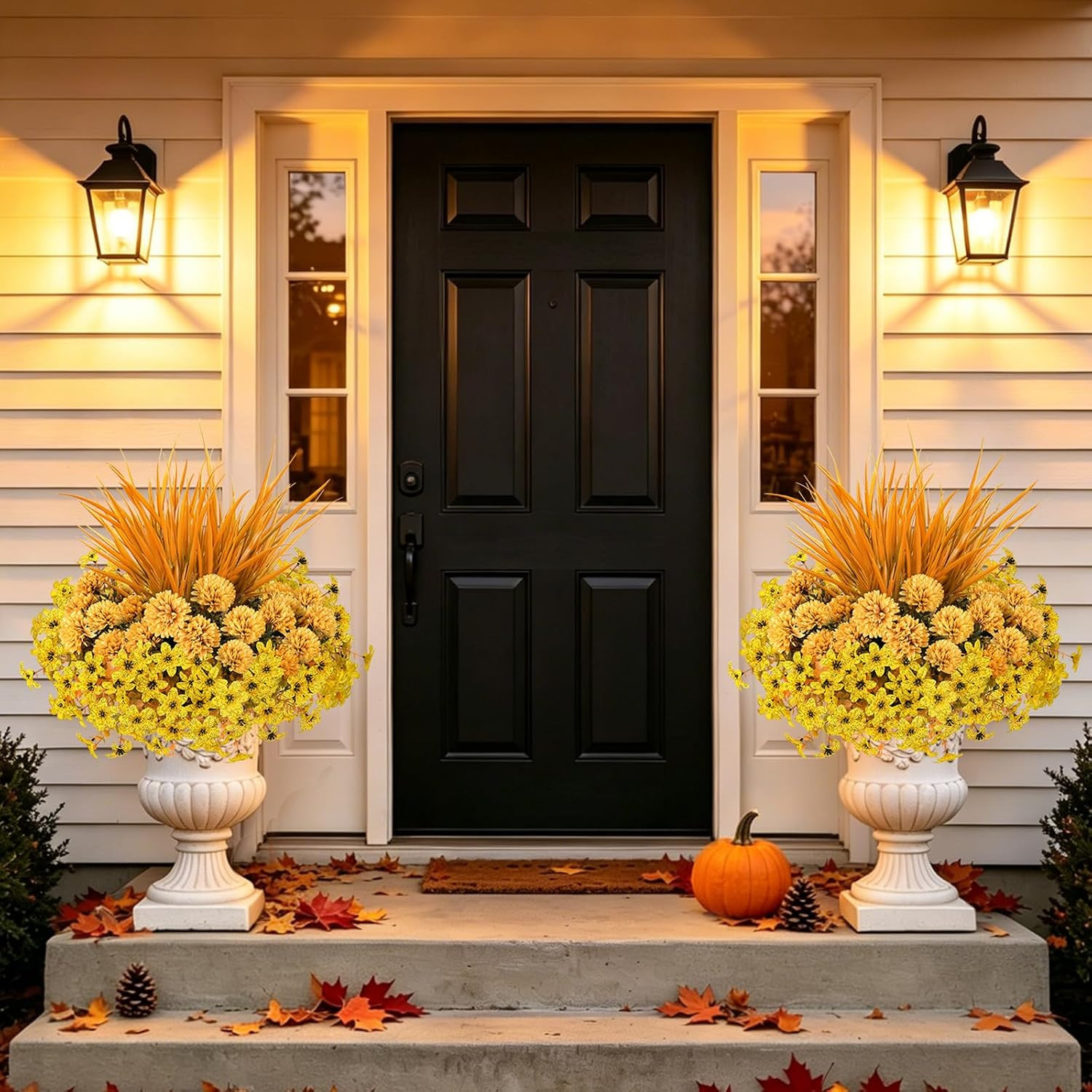 8 Bundles Yellow Faux Mums Flowers for Outdoor Planters and Gardens