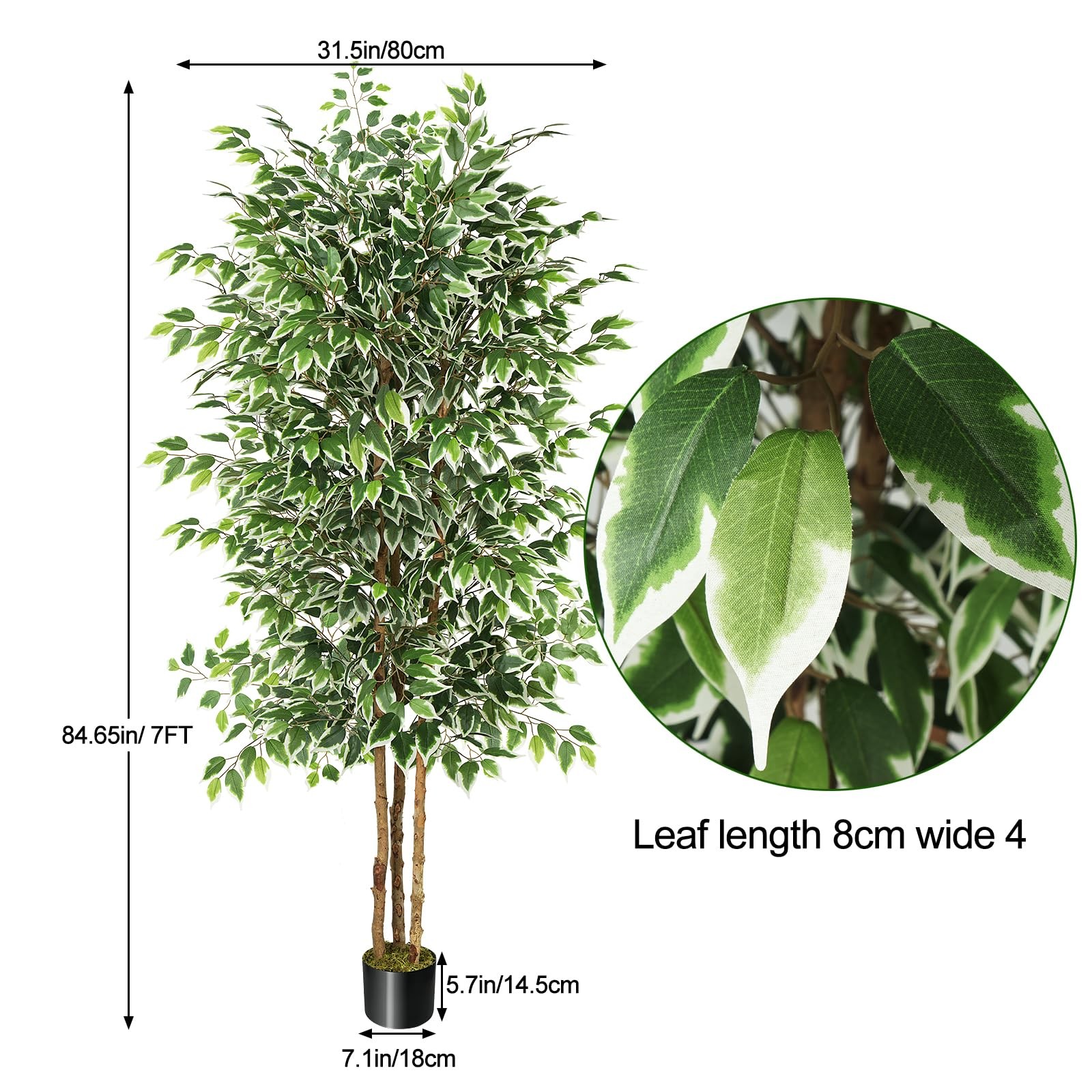 7ft Large Ficus Artificial Tree with Natural Trunk, 84″ Tall Faux Tree for Ho…