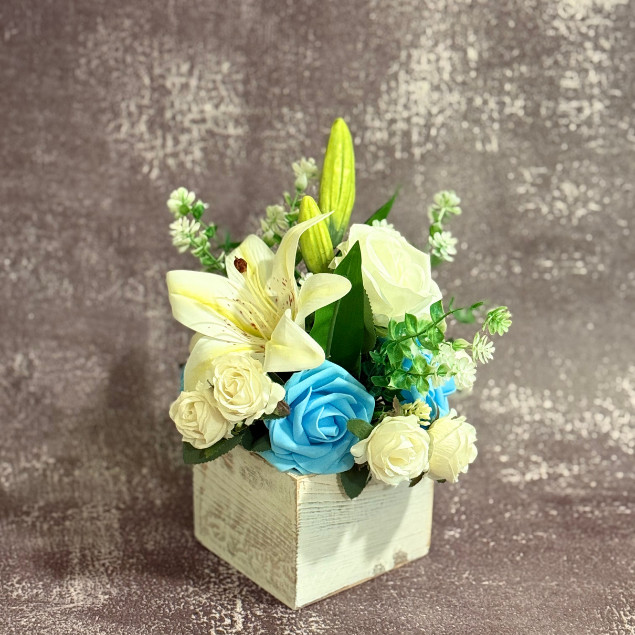 White Lily Blue Rose Centerpiece Faux Floral Arrangement Wooden Box Home Decor