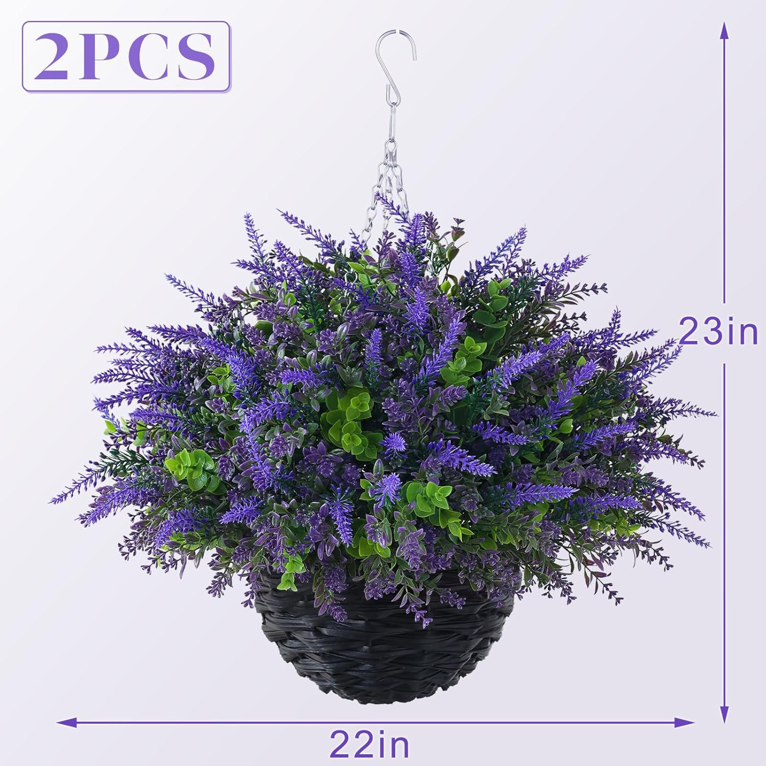 2 Sets UV-Resistant Artificial Lavender & Eucalyptus Hanging Baskets for Outdoor