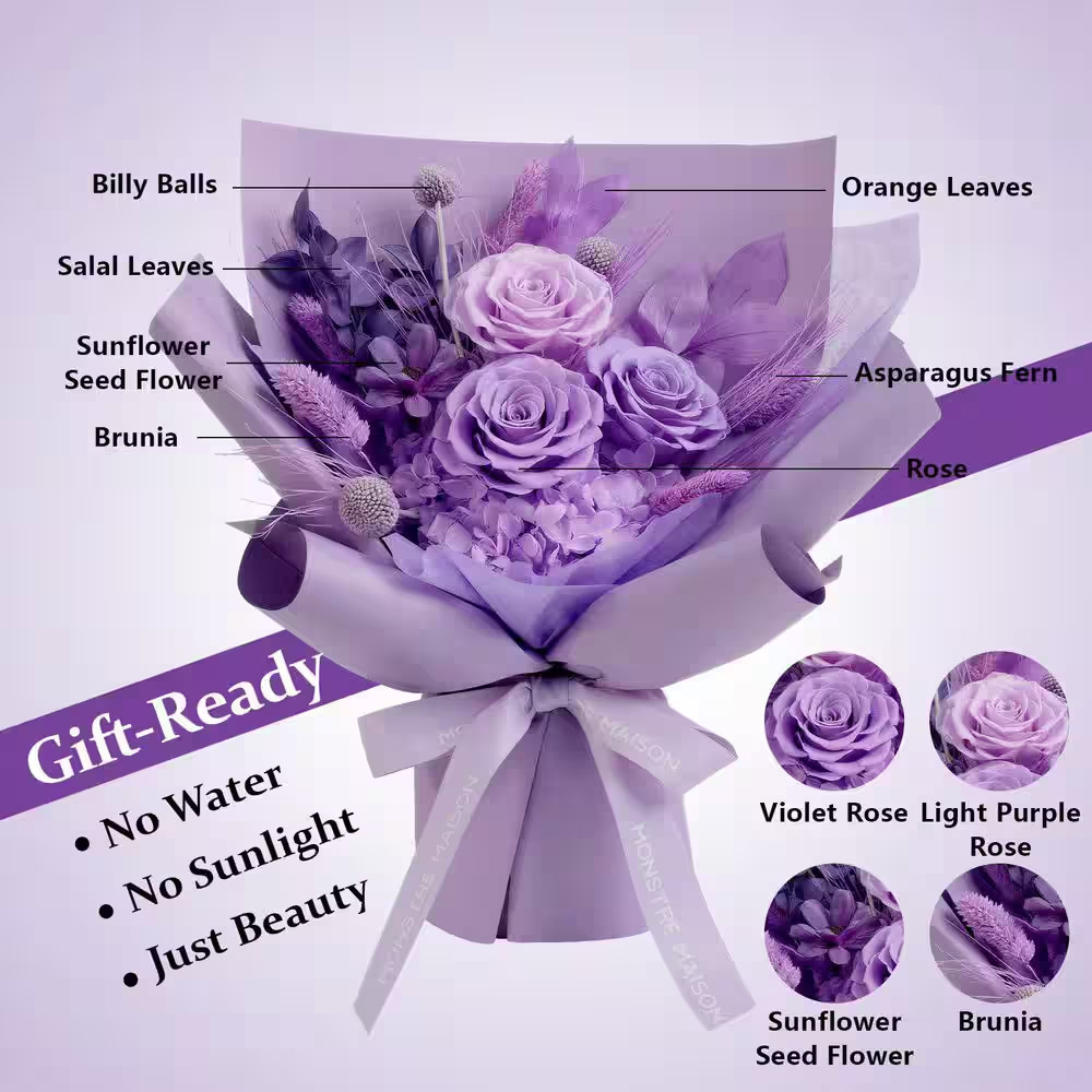 13.4 In. Purple Artificial Preserved Rose Bouquet-Includes Gift Box and Greeting