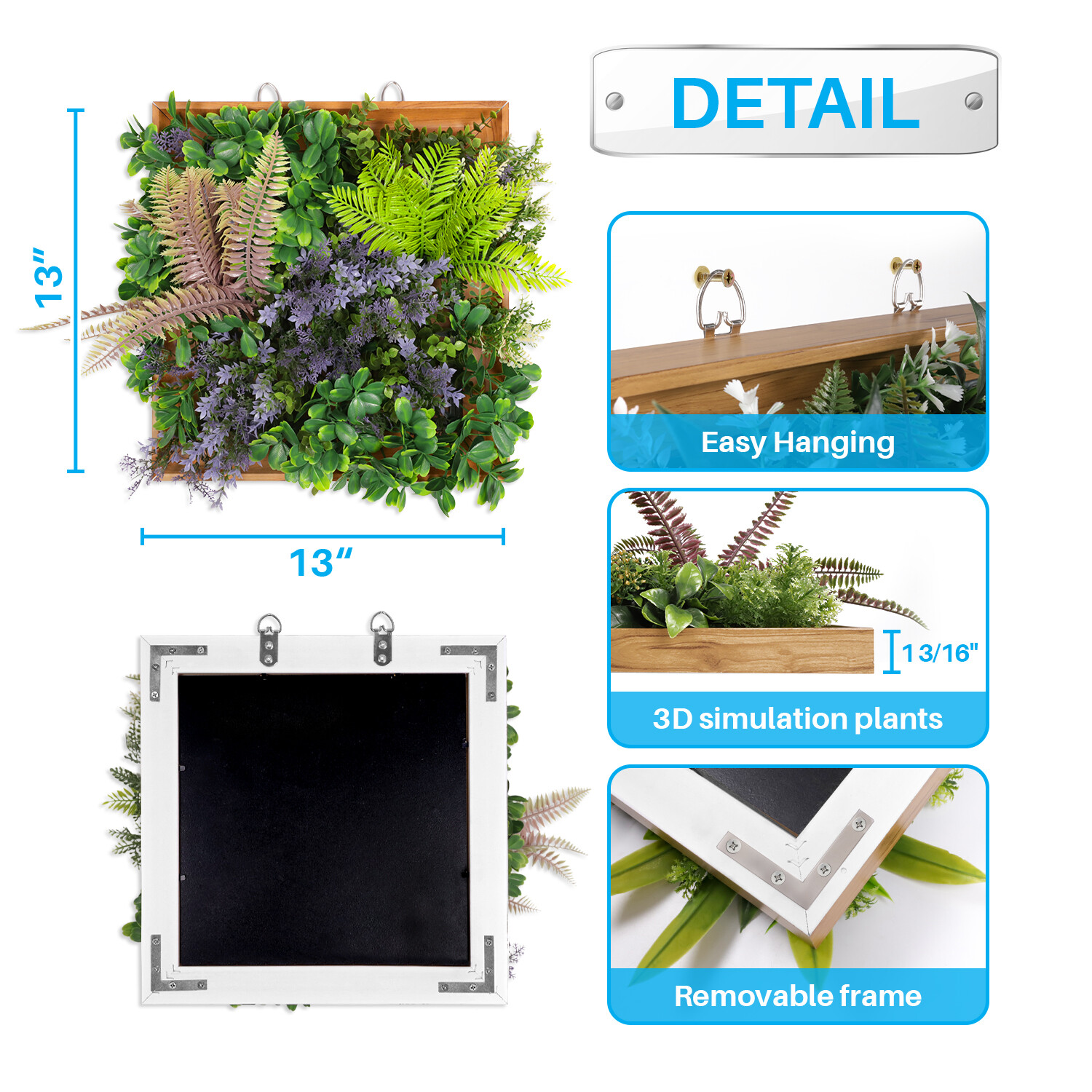 Artificial Plants Green Wall Decor with Square Wooden Frame 13in, Purple