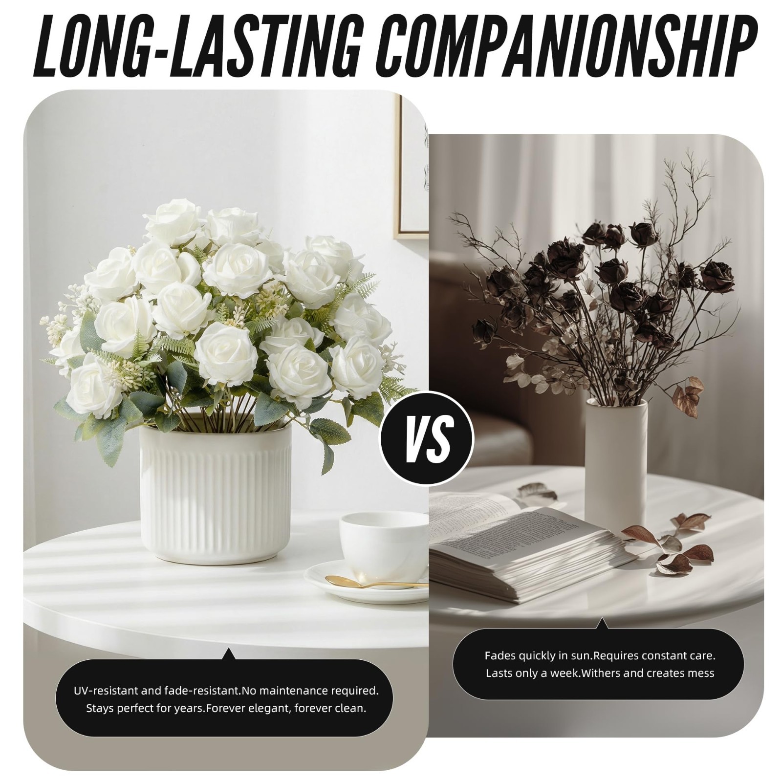 Artificial White Roses – 24 Silk Faux Flowers with Stems for Home Decor, Wedding