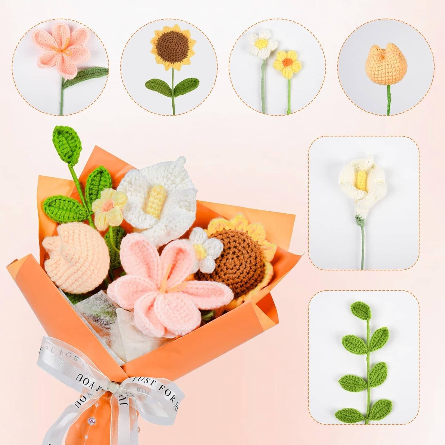 Handmade Crochet Flower Bouquet Orange Tulip Knitted Bouquet for Birthday