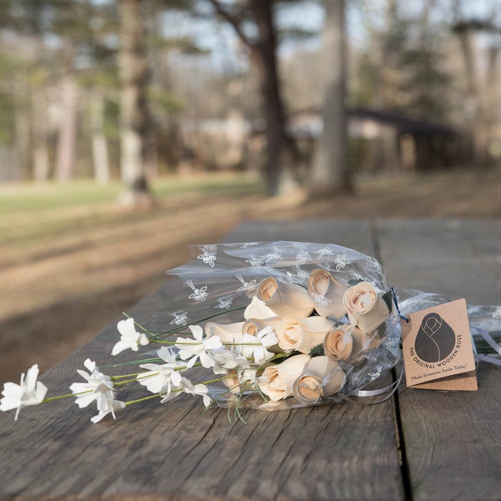 Wooden Rose Bouquet Silver & White Closed Bud Fits 25th Anniversary 12 PCS