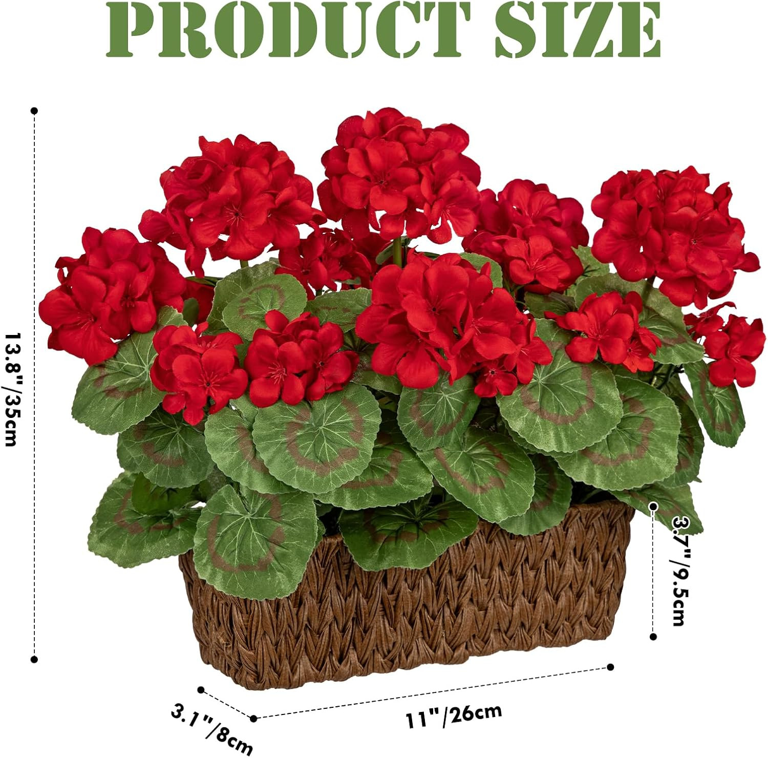 Briful Artificial Geraniums Flowers in Woven Basket Planter, Real Faux Red Silk
