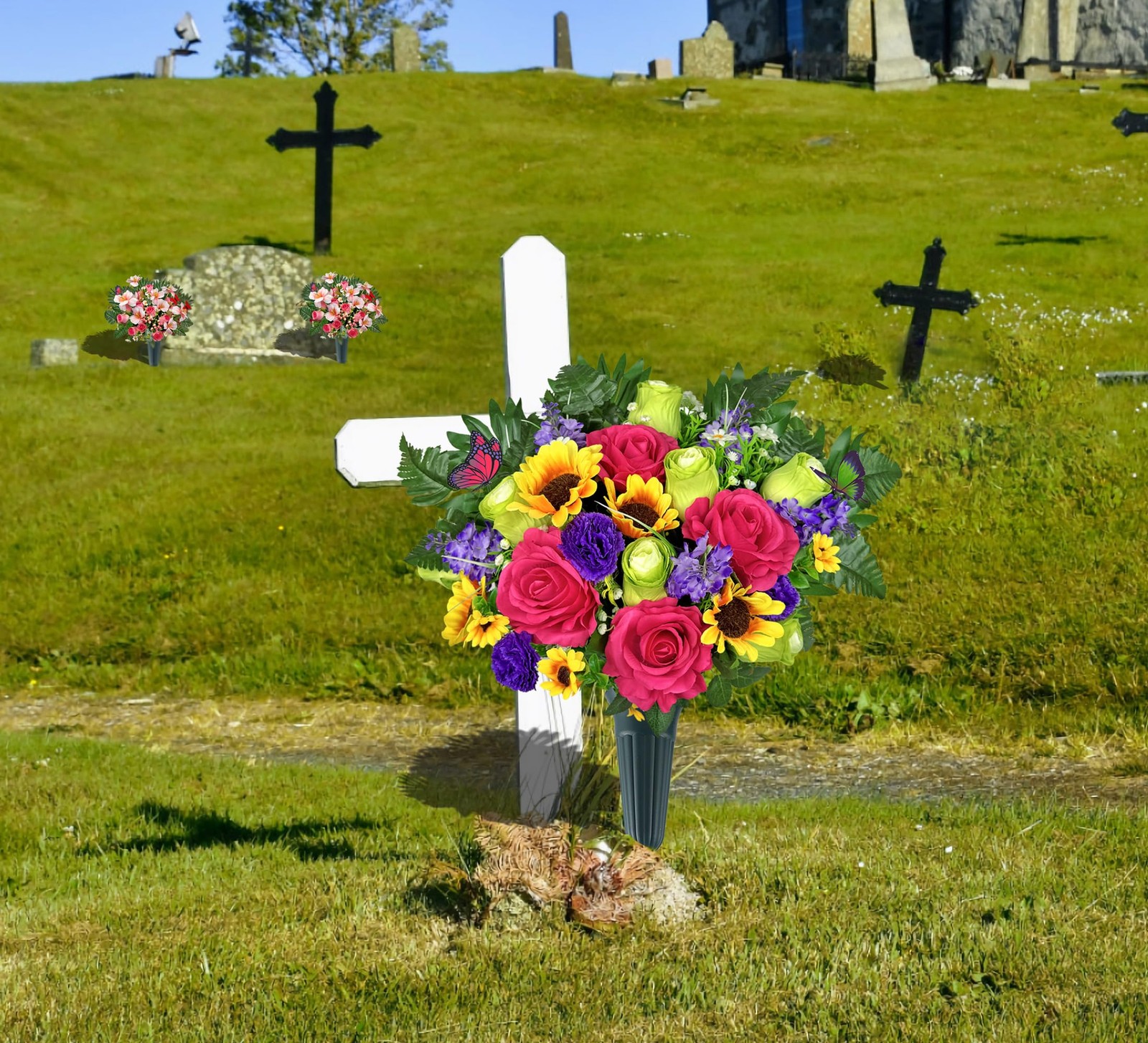 Grave Flowers Colorful Memorial Silk Bouquet With Vase Graveyard Decor 1 PCS